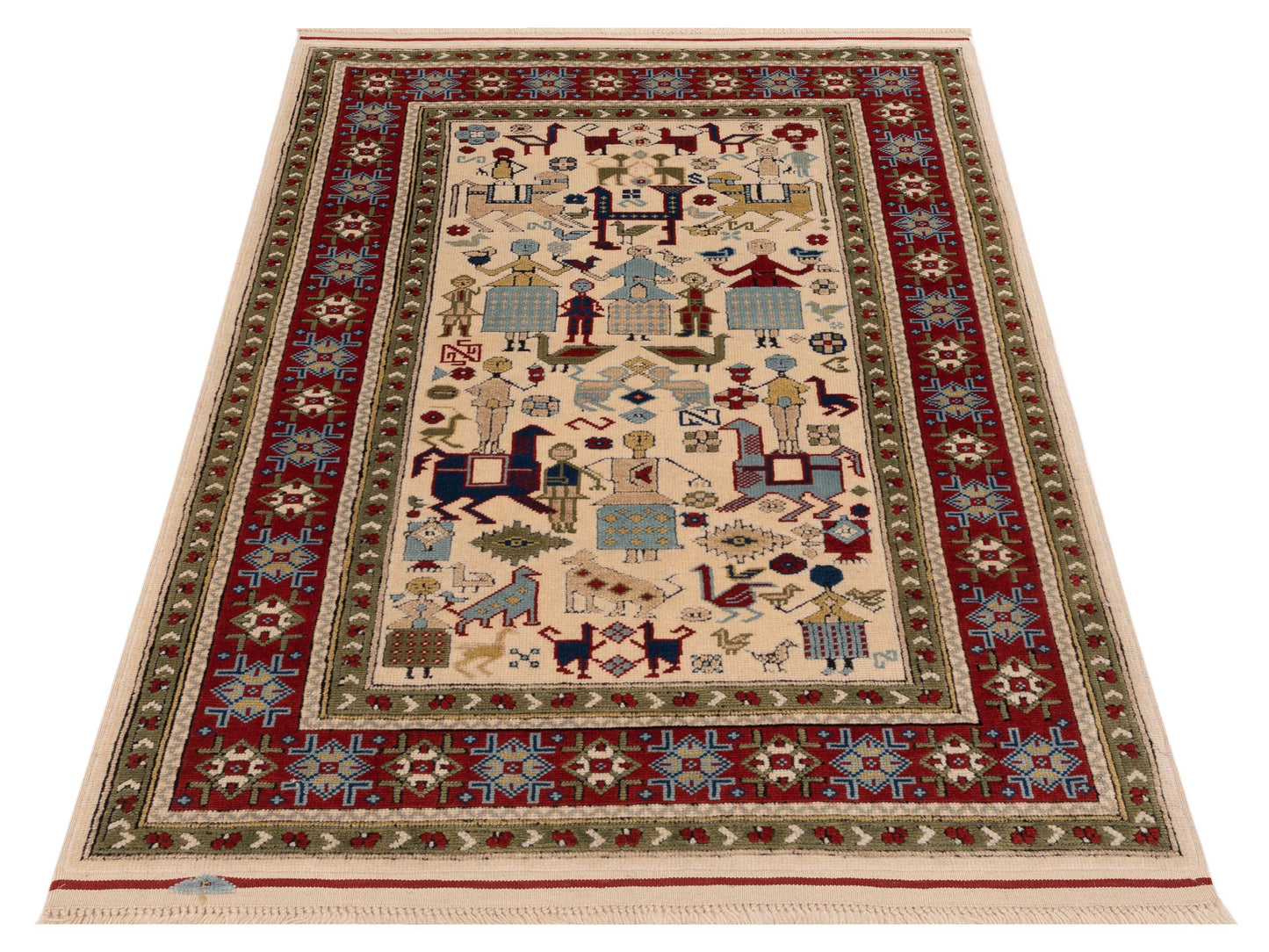 Turkish Shirwan 148381 Ivory Red 3.8x5.4 Hand Knotted Rug