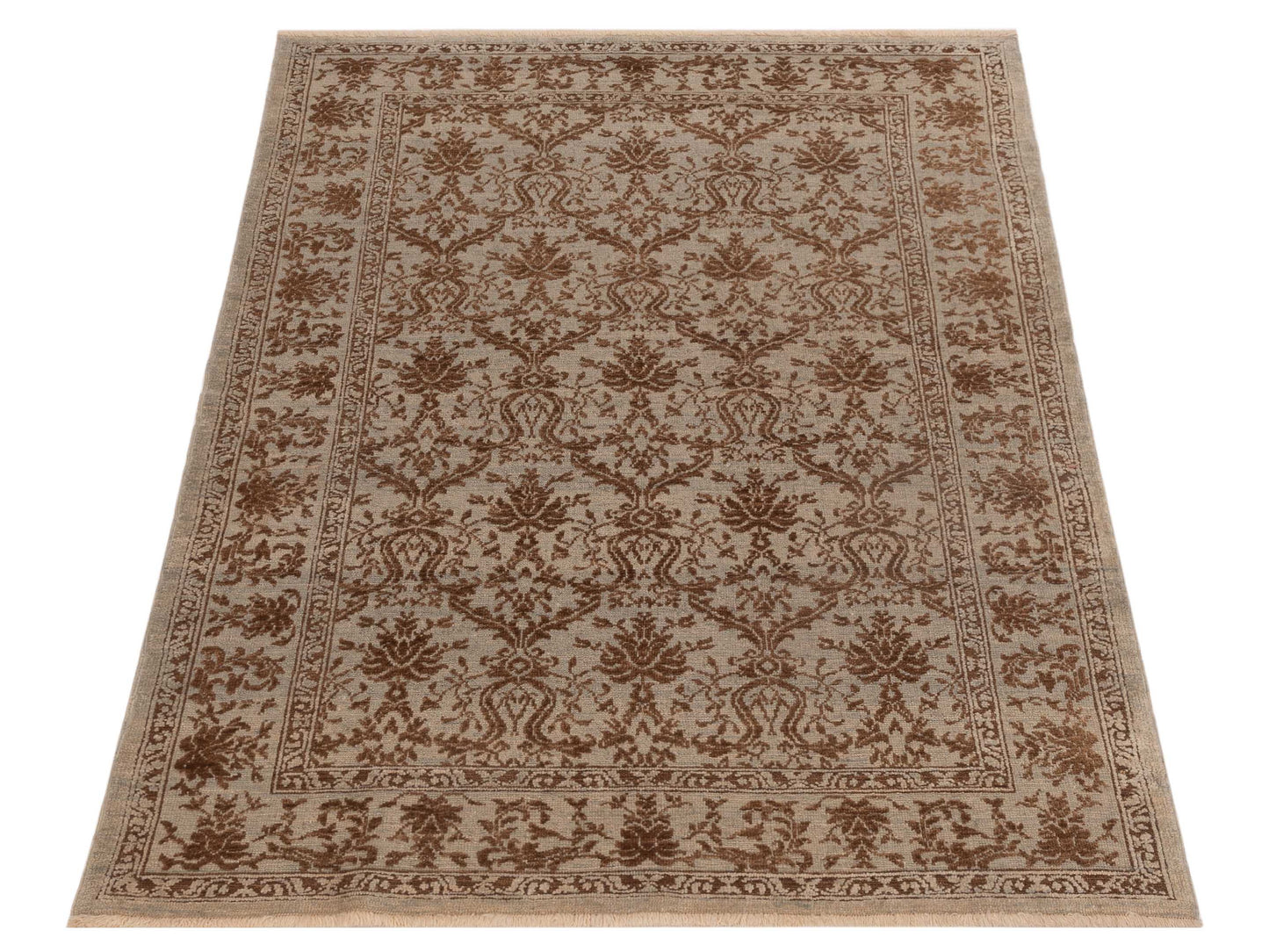 Defne Begonia Ice Blue Brown 4.3x5.10 Hand Knotted Rug