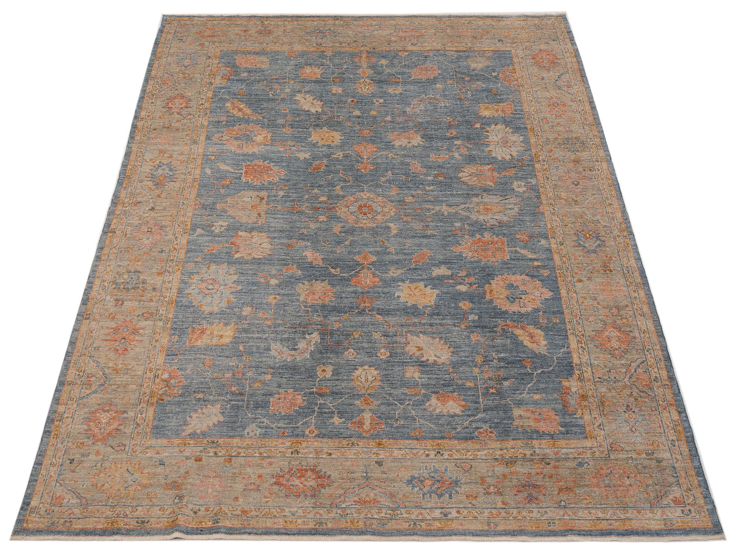 Angora Oushak 149268 Teal Blue Light Brown 9.10x12.9 Hand Knotted Rug