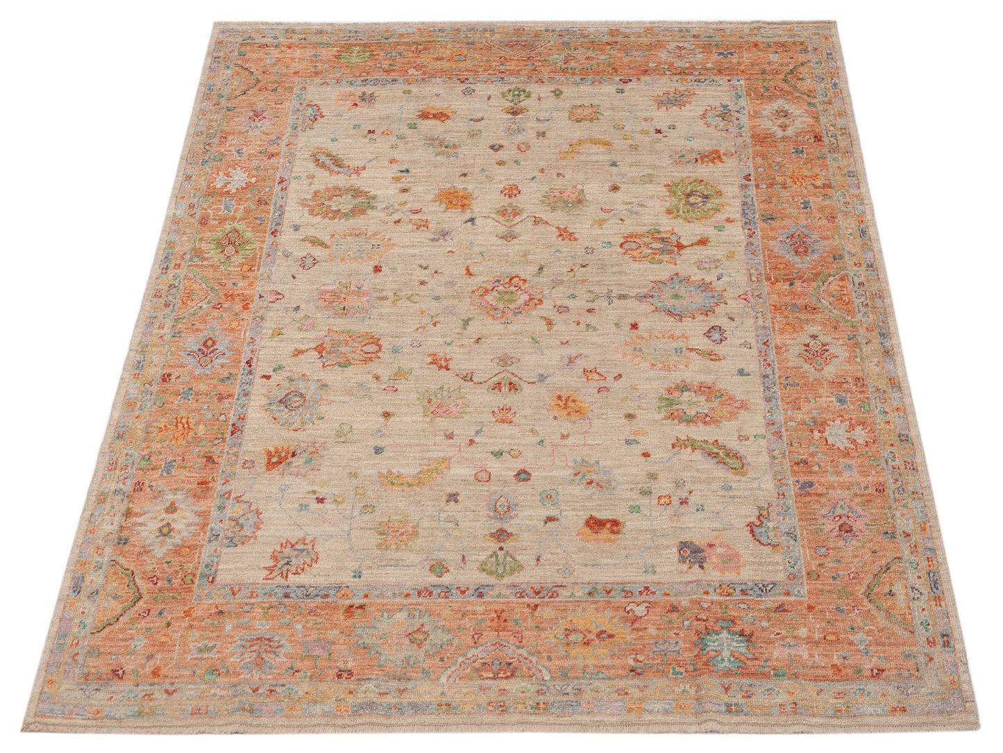 Angora Oushak 149278 Teal Blue Cream 8.1x9.8 Hand Knotted Rug