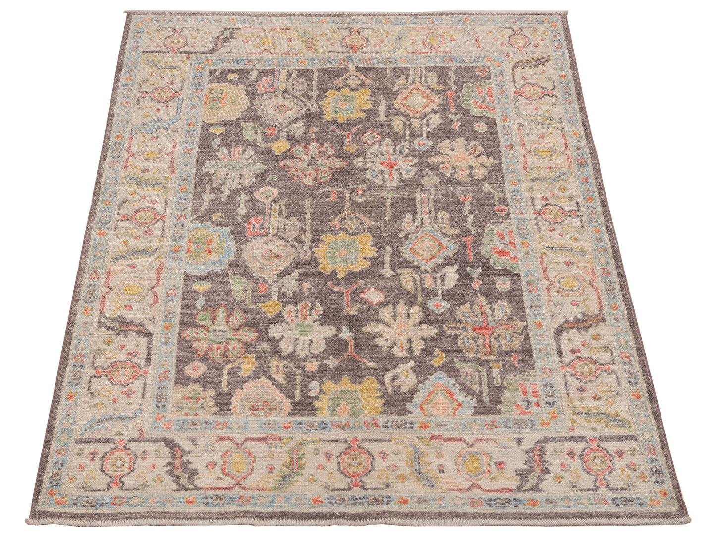 Anadol Oushak Doruk Brown Ivory 4.8x6.4 Hand Knotted Rug