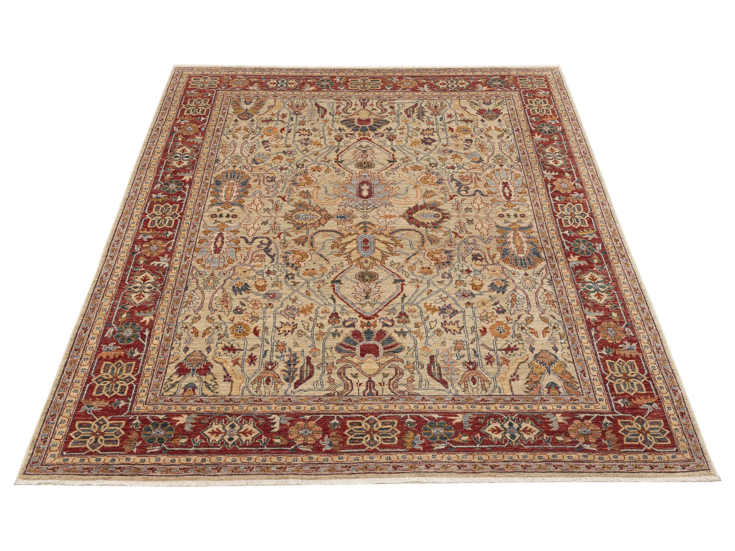 Elvan Nilay Beige Red 8x9.7 Hand Knotted Rug