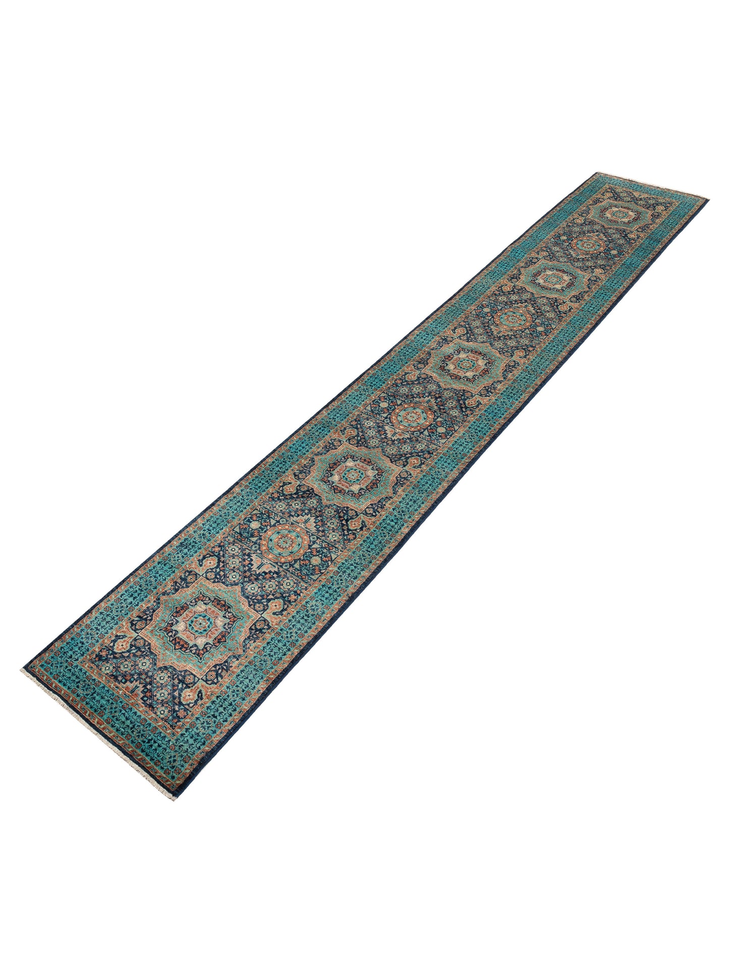 Mamluk 152303 Indigo Turquoise 2.8x16.3 Hand Knotted Rug