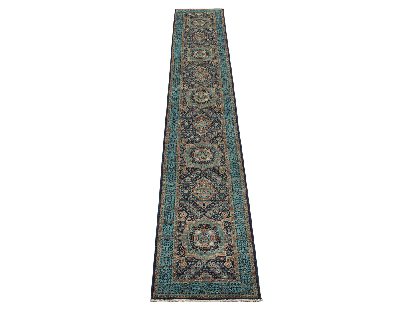 Mamluk 152303 Indigo Turquoise 2.8x16.3 Hand Knotted Rug