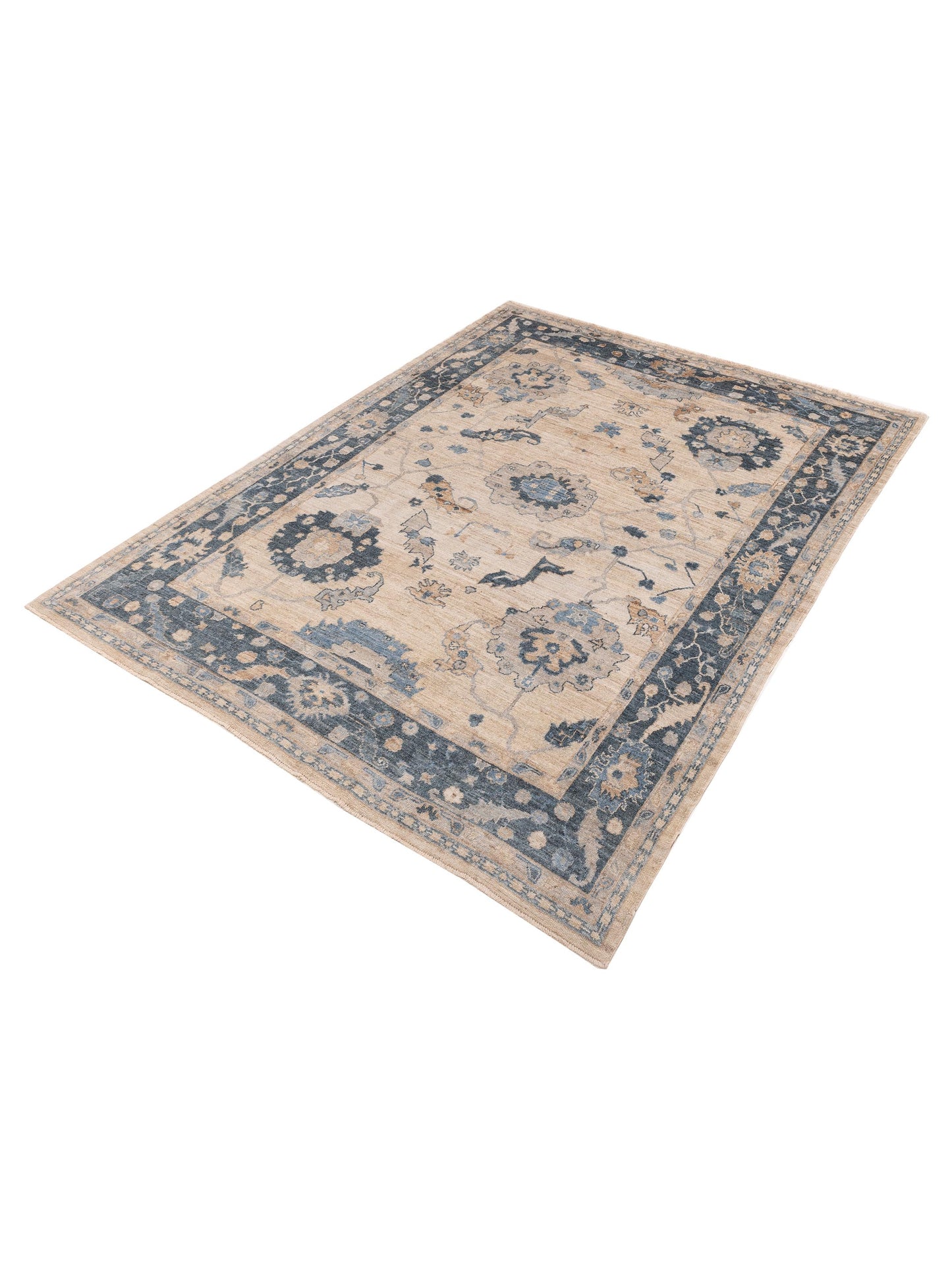 Angora Oushak 153533 Ivory Blue 9.4x12.4 Hand Knotted Rug