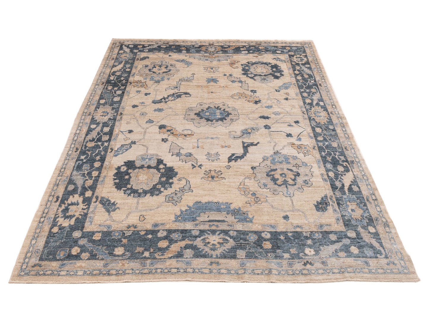 Angora Oushak 153533 Ivory Blue 9.4x12.4 Hand Knotted Rug