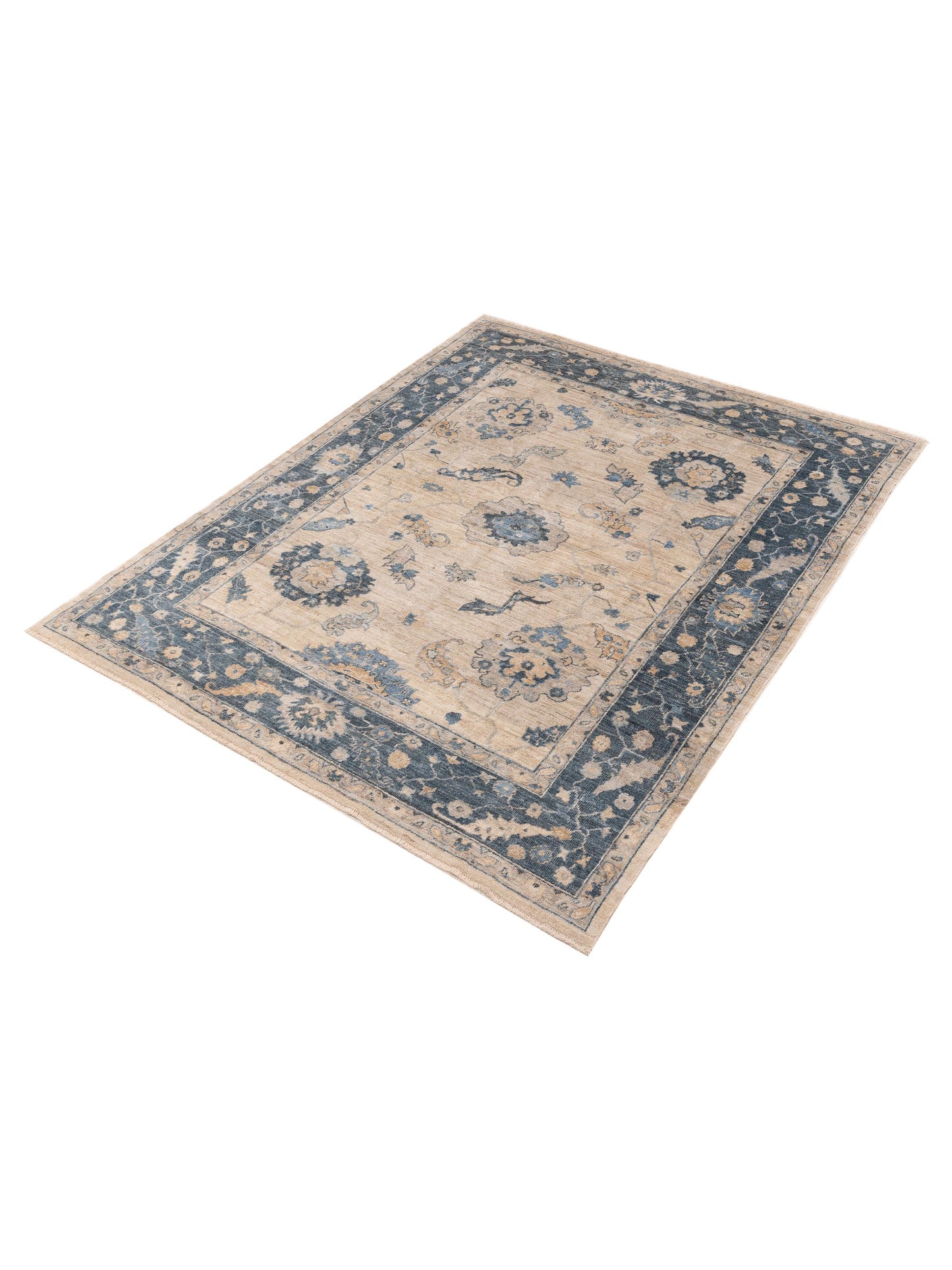 Angora Oushak 153538 Ivory Blue 7.9x9.5 Hand Knotted Rug