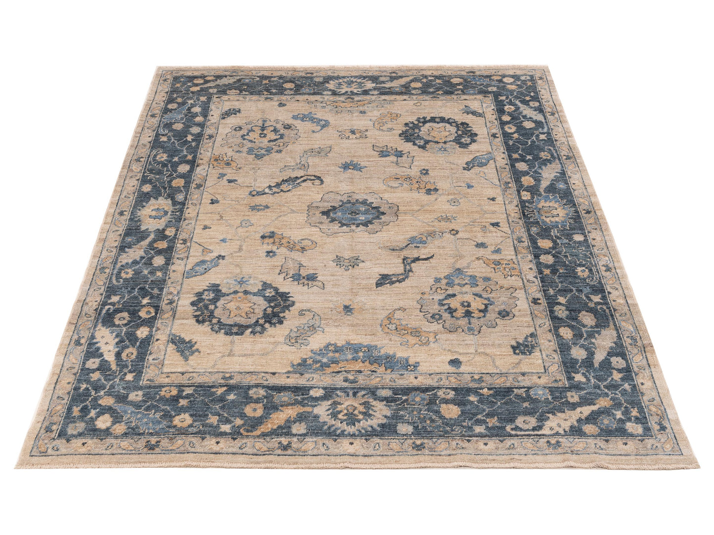 Angora Oushak 153538 Ivory Blue 7.9x9.5 Hand Knotted Rug