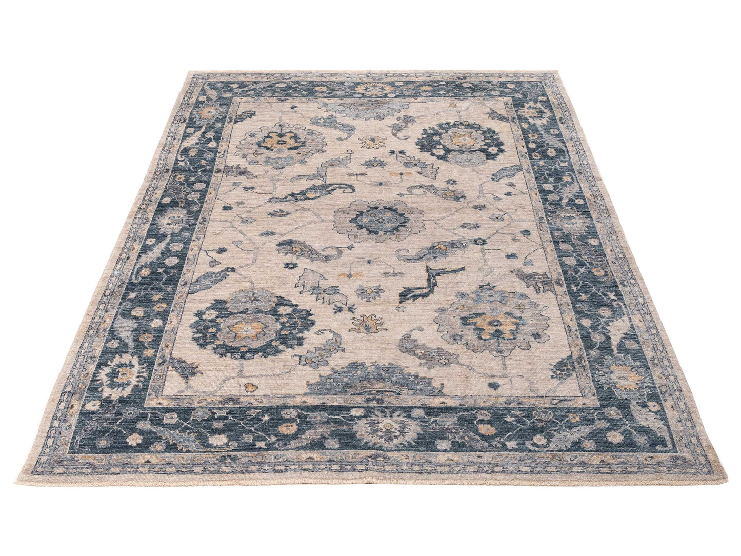 Angora Oushak 154703 Ivory Blue 8.10x11.5 Hand Knotted Rug