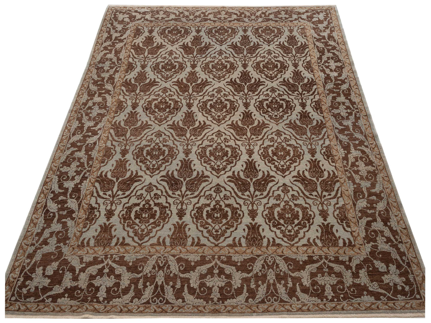 Defne Tulip Ice Blue Brown  8.6x10.1 Hand Knotted Rug