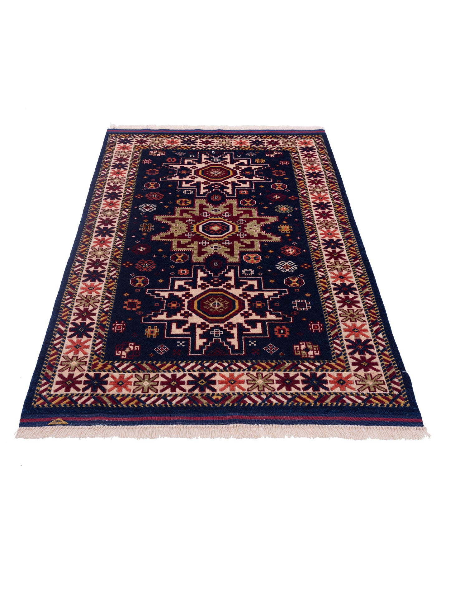 Turkish Shirwan 129656 Dark Blue Ivory 3.10x5.9 Hand Knotted Rug