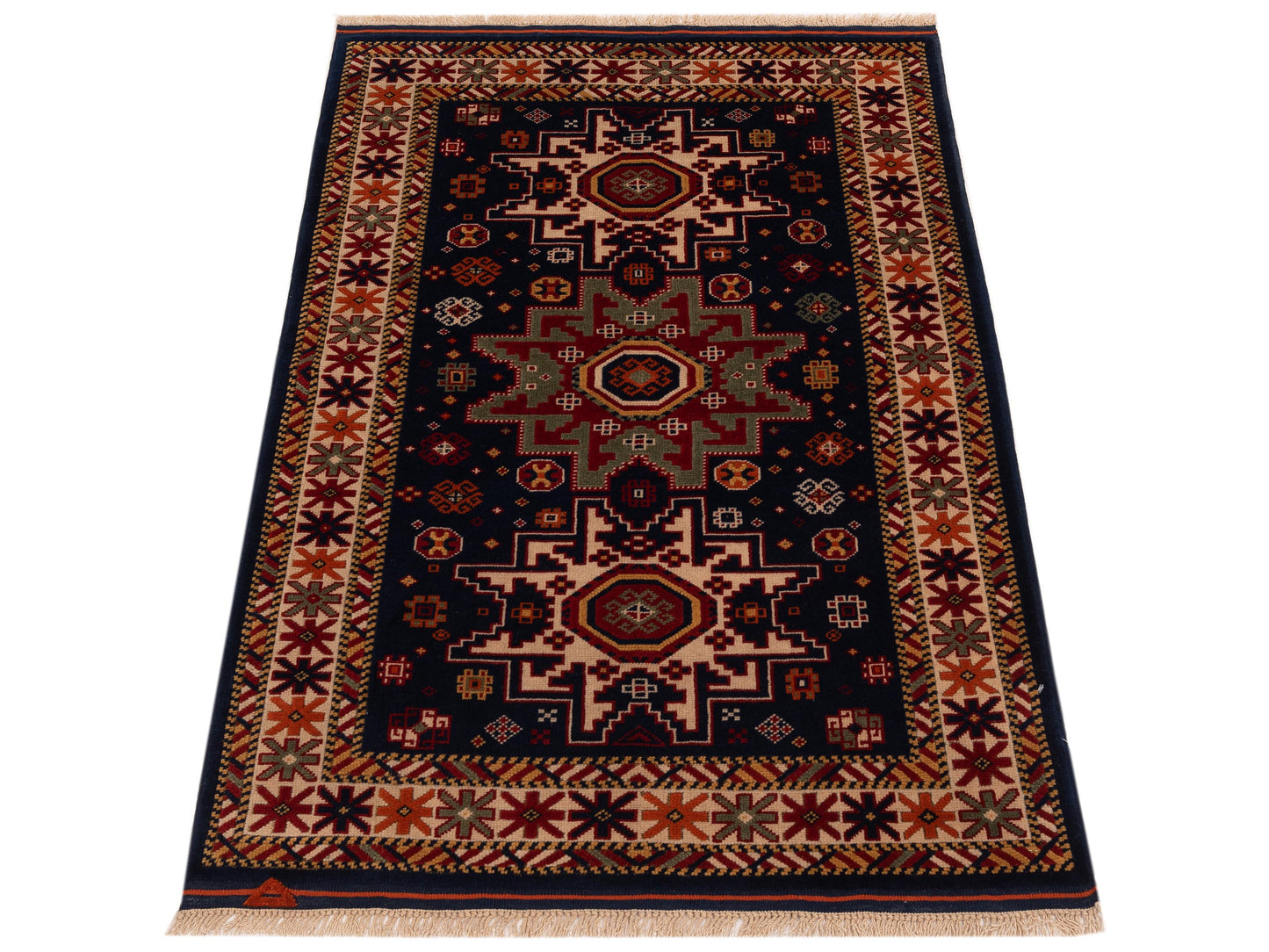 Turkish Shirwan 145211 Navy Ivory 3.9x5.8 Hand Knotted Rug