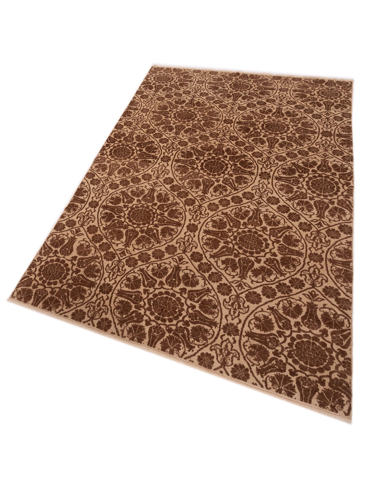 Defne Lotus Ivory Dark Brown 6.7x9.8 Hand Knotted Rug