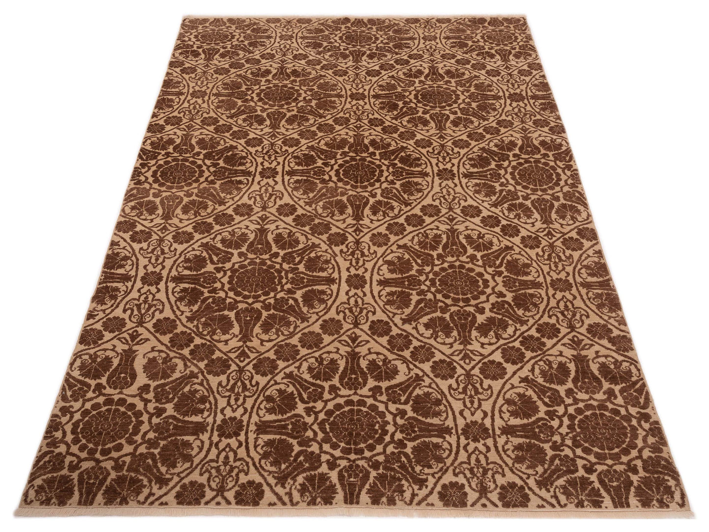 Defne Lotus Ivory Dark Brown 6.7x9.8 Hand Knotted Rug