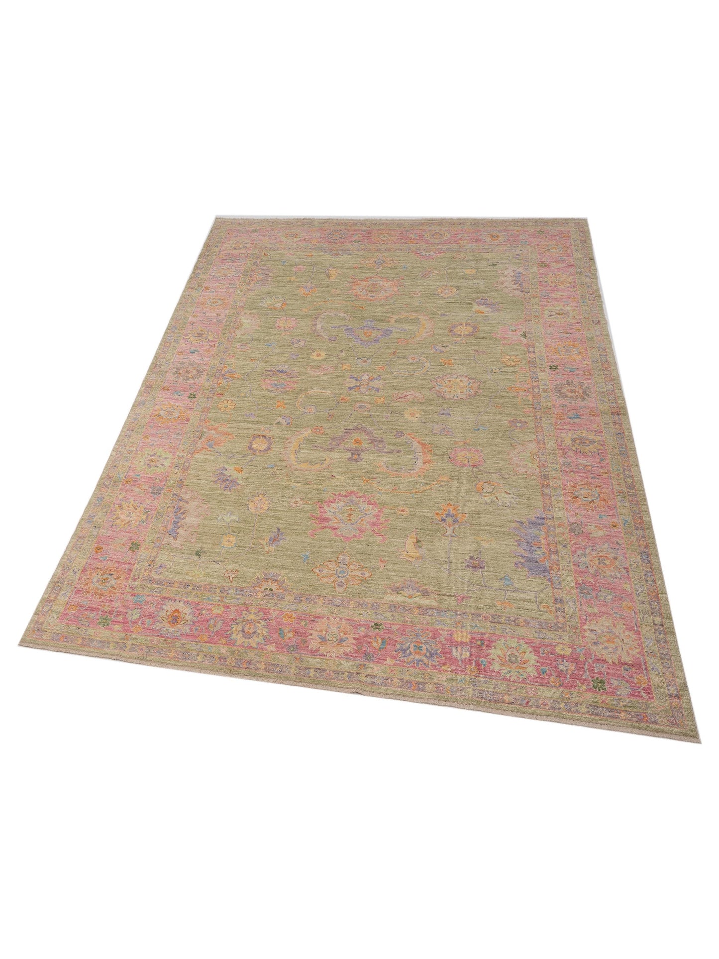 Angora Oushak 149732 Green Pink 10.3x13.7 Hand Knotted Rug