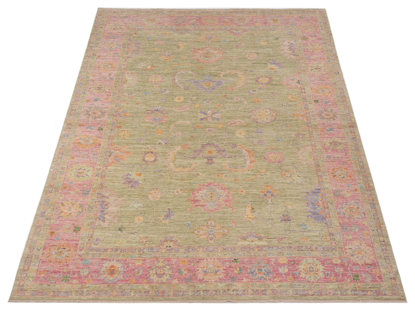 Angora Oushak 149732 Green Pink 10.3x13.7 Hand Knotted Rug