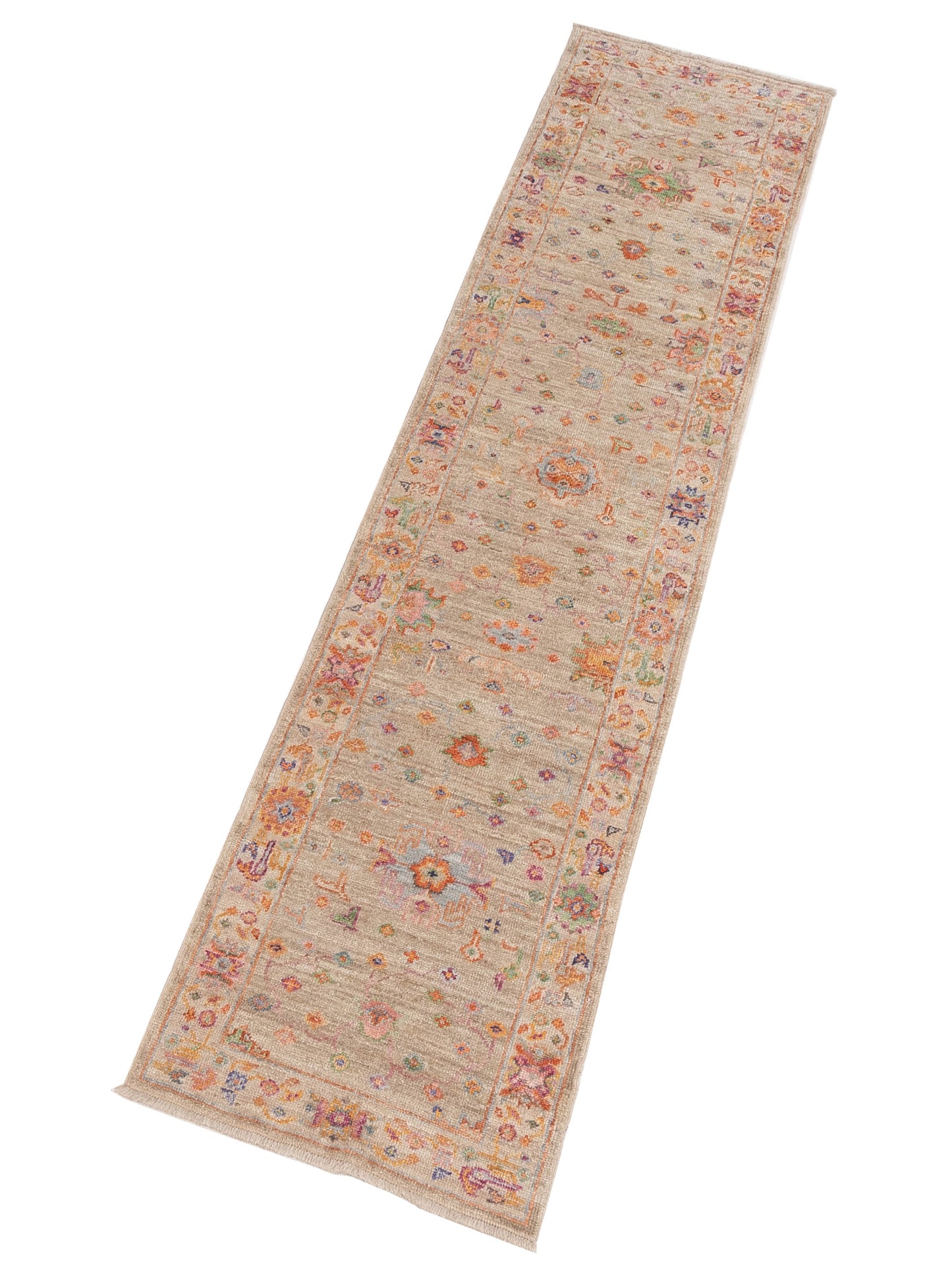 Angora Oushak 150721 Brown Ivory 2.7x11.3 Hand Knotted Rug