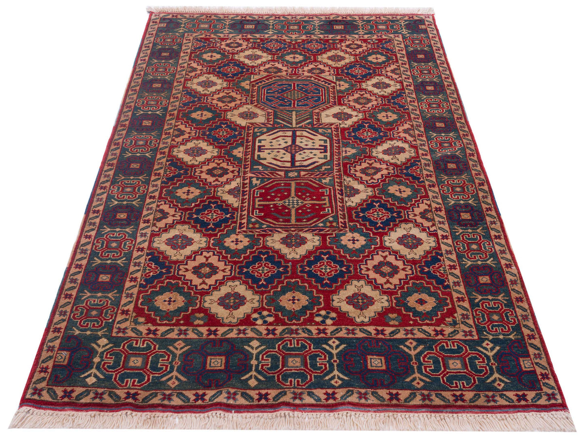 Turkish Shirwan 71392 Red Green 4.2x6.2 Hand Knotted Rug