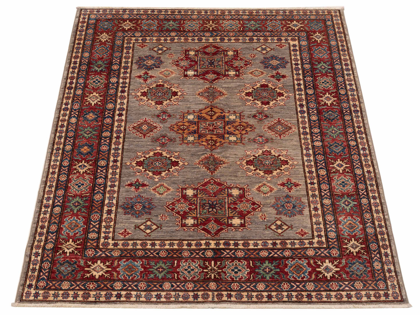 Artisan Kazak 151897 Silver Red 5.2x6.7 Hand Knotted Rug