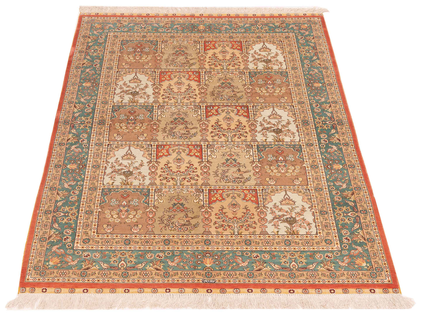 Pure Silk 118098 Beige Blue 4x5.11 Hand Knotted Rug