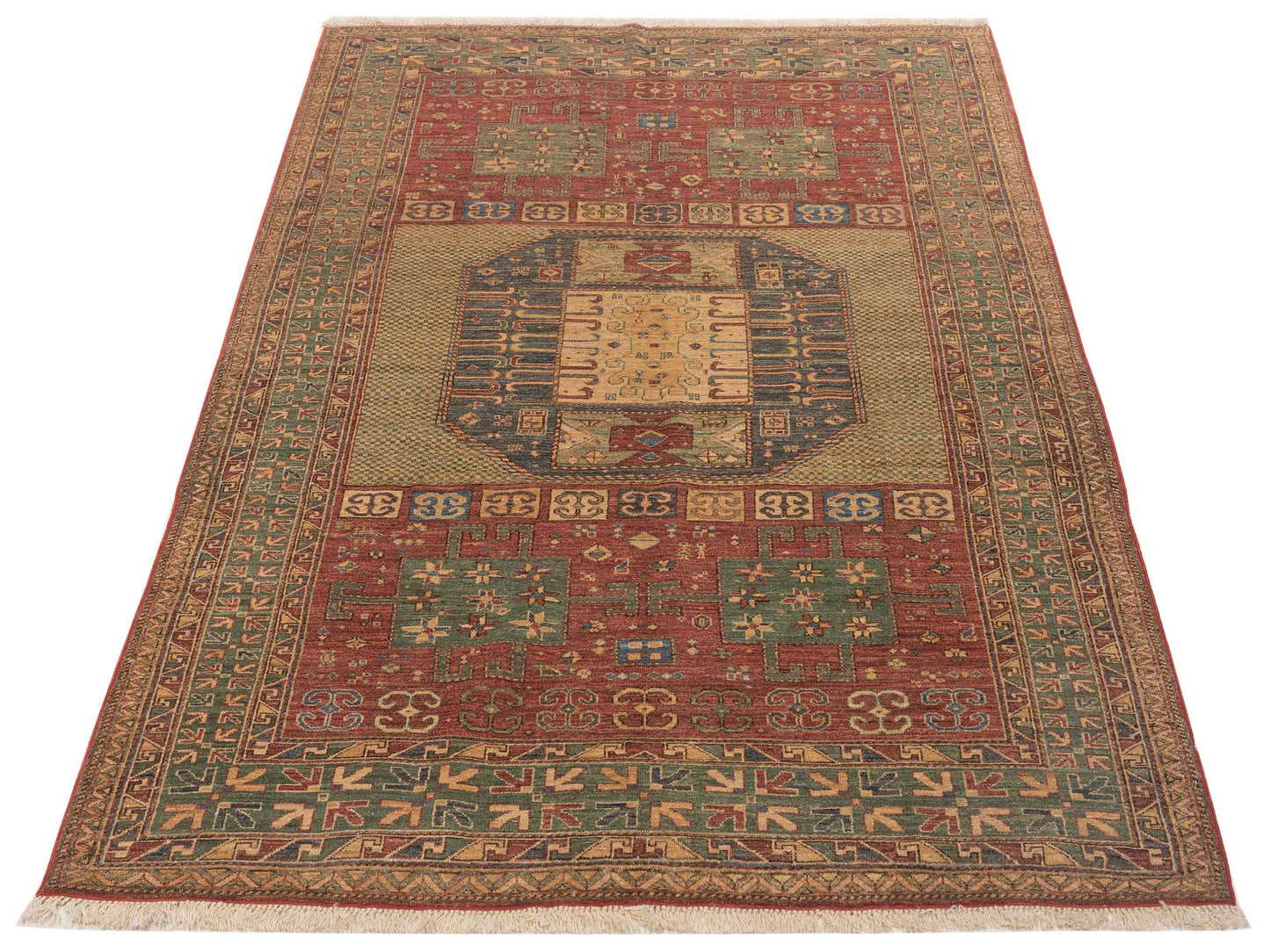 Turkish Shirwan 75785 Rust Green 5.1x8.3 Hand Knotted Rug