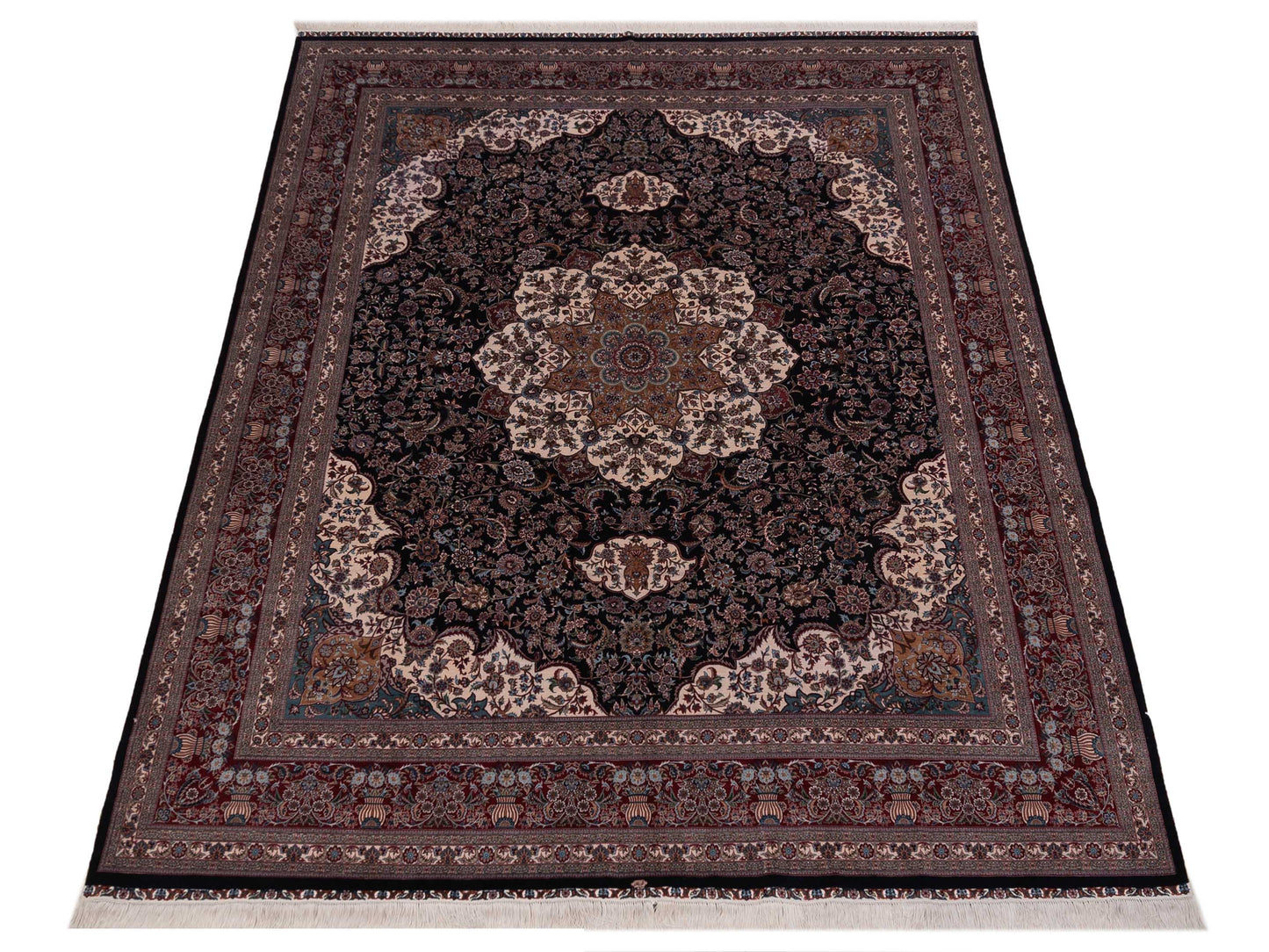 Pure Silk 125329 Navy Red 8.1x10 Hand Knotted Rug