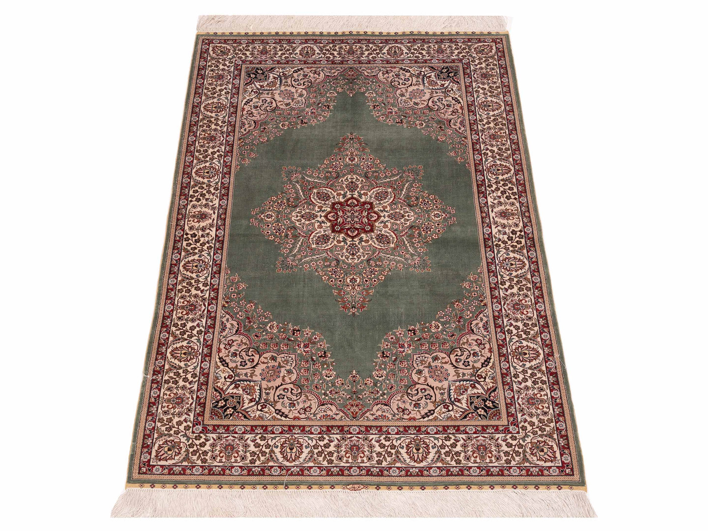 Pure Silk 122087 Green Ivory 3.1x5.1 Hand Knotted Rug