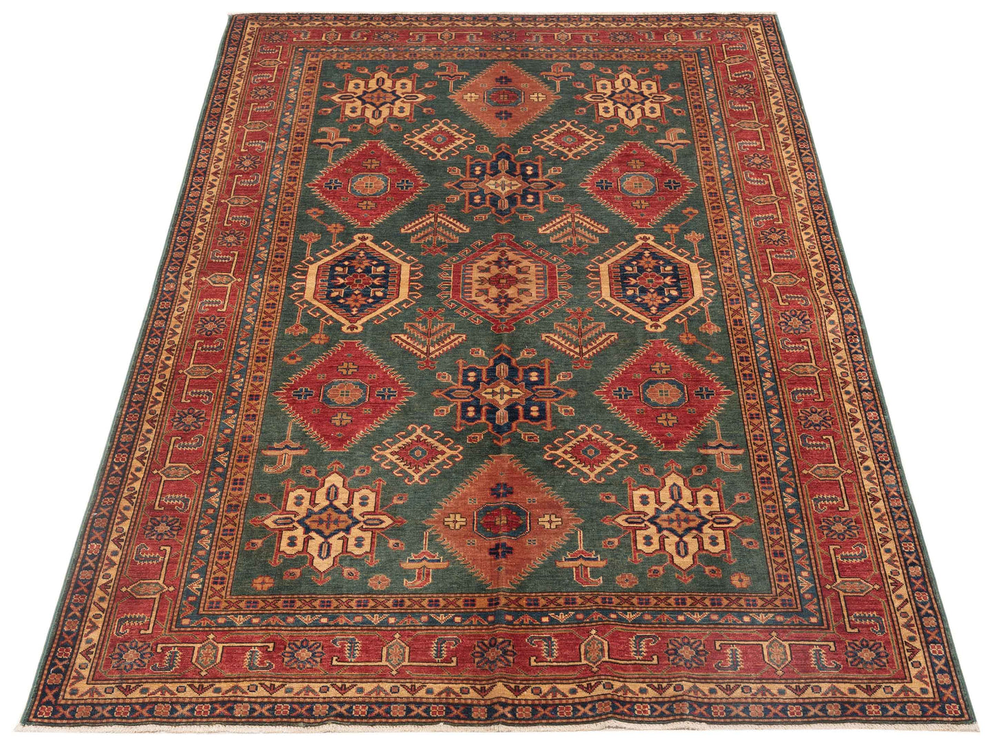 Artisan Kazak 124137 Green Red 6x7.7 Hand Knotted Rug