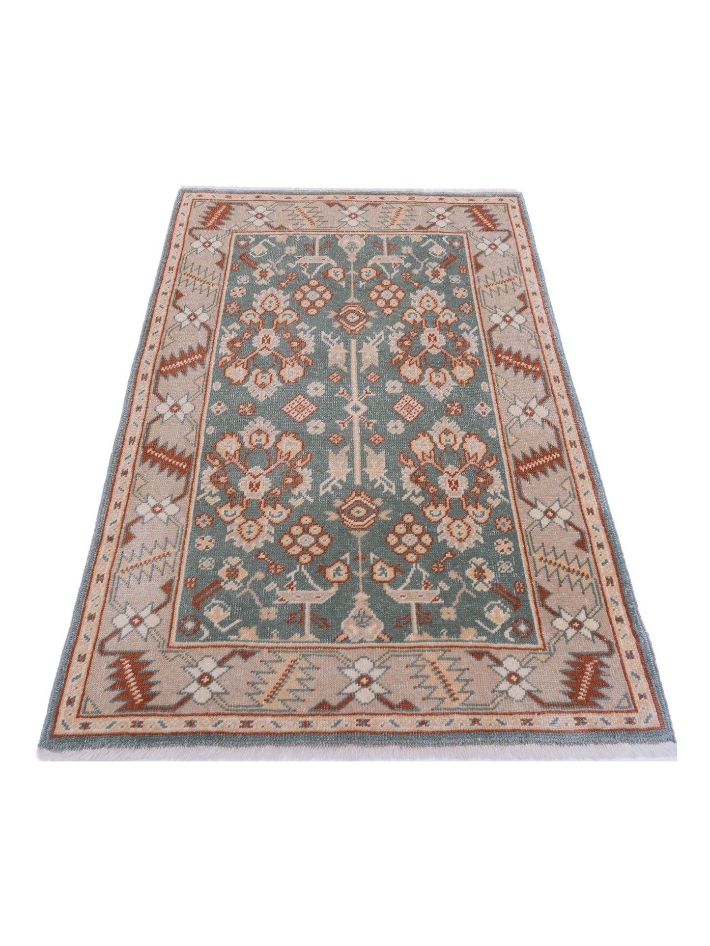 Anadol Oushak 129724 Green Camel 4.2x5.5 Hand Knotted Rug