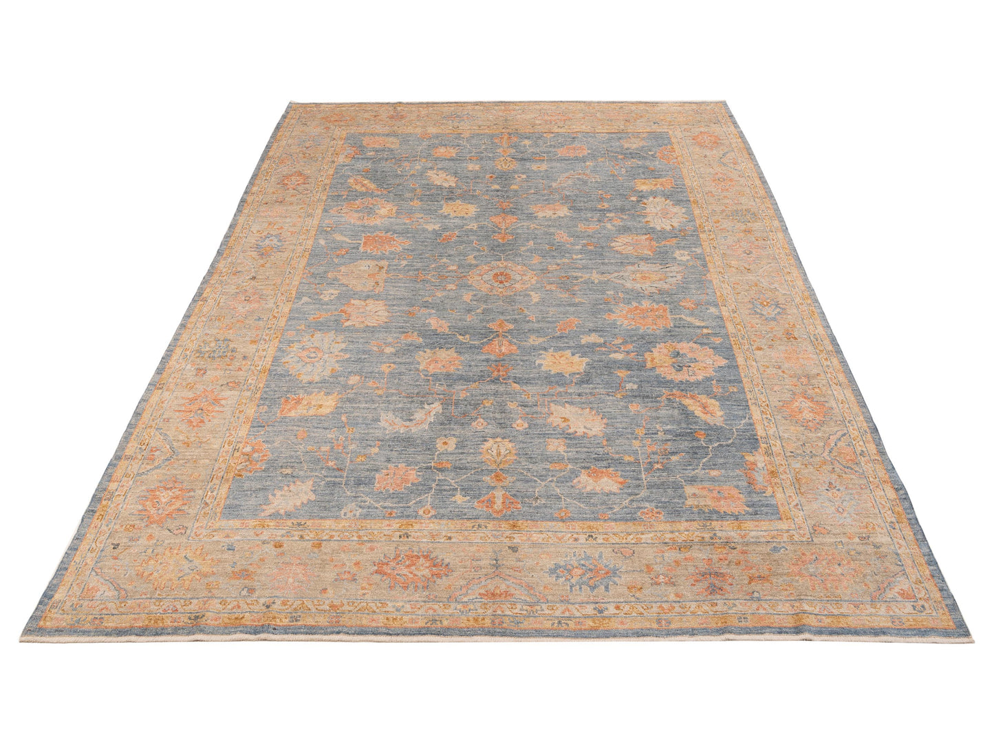 Angora Oushak 149268 Teal Blue Light Brown 9.10x12.9 Hand Knotted Rug