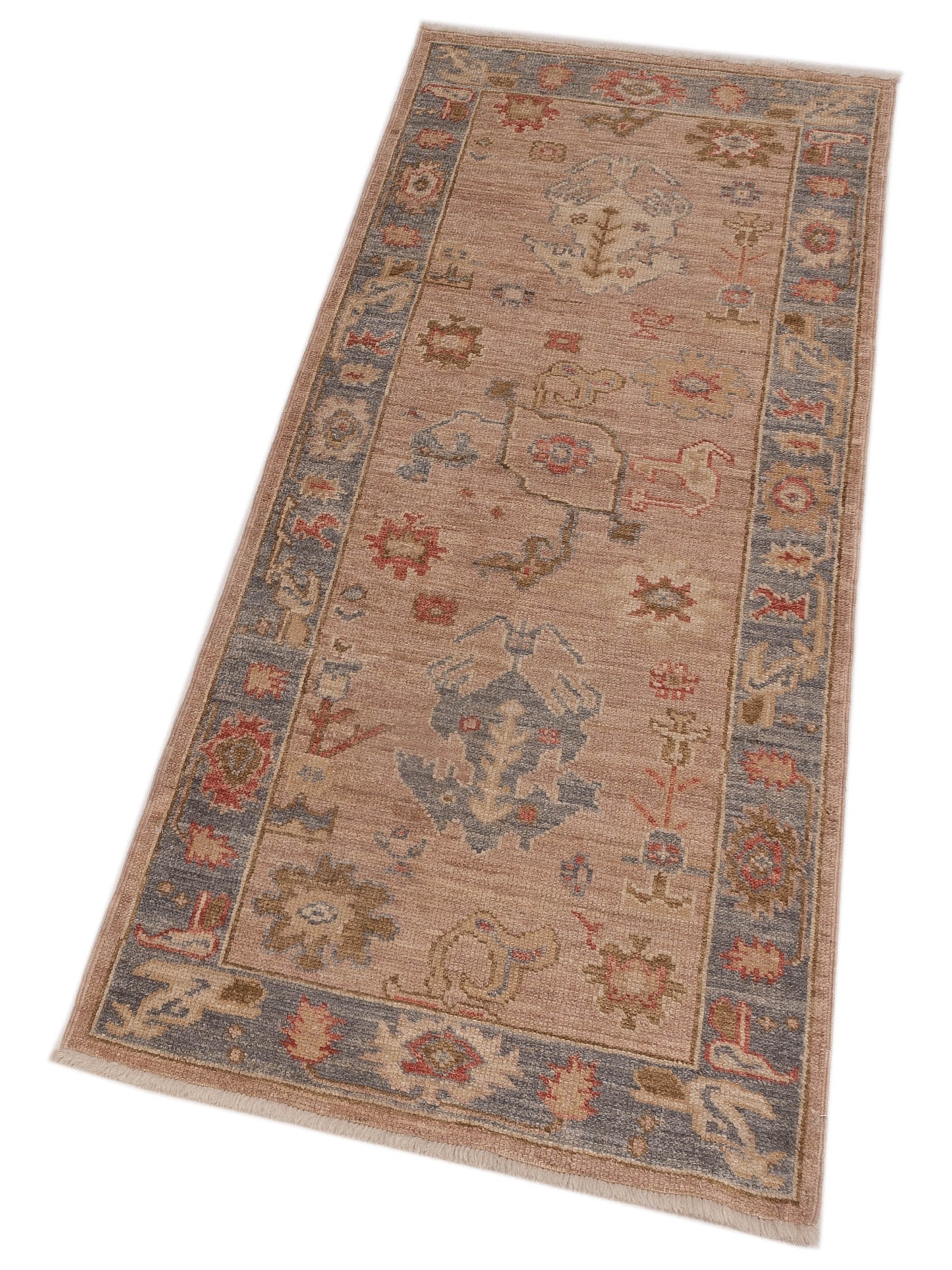 Angora Oushak 141255 Pink Blue Gray 2.10x7.3 Hand Knotted Rug