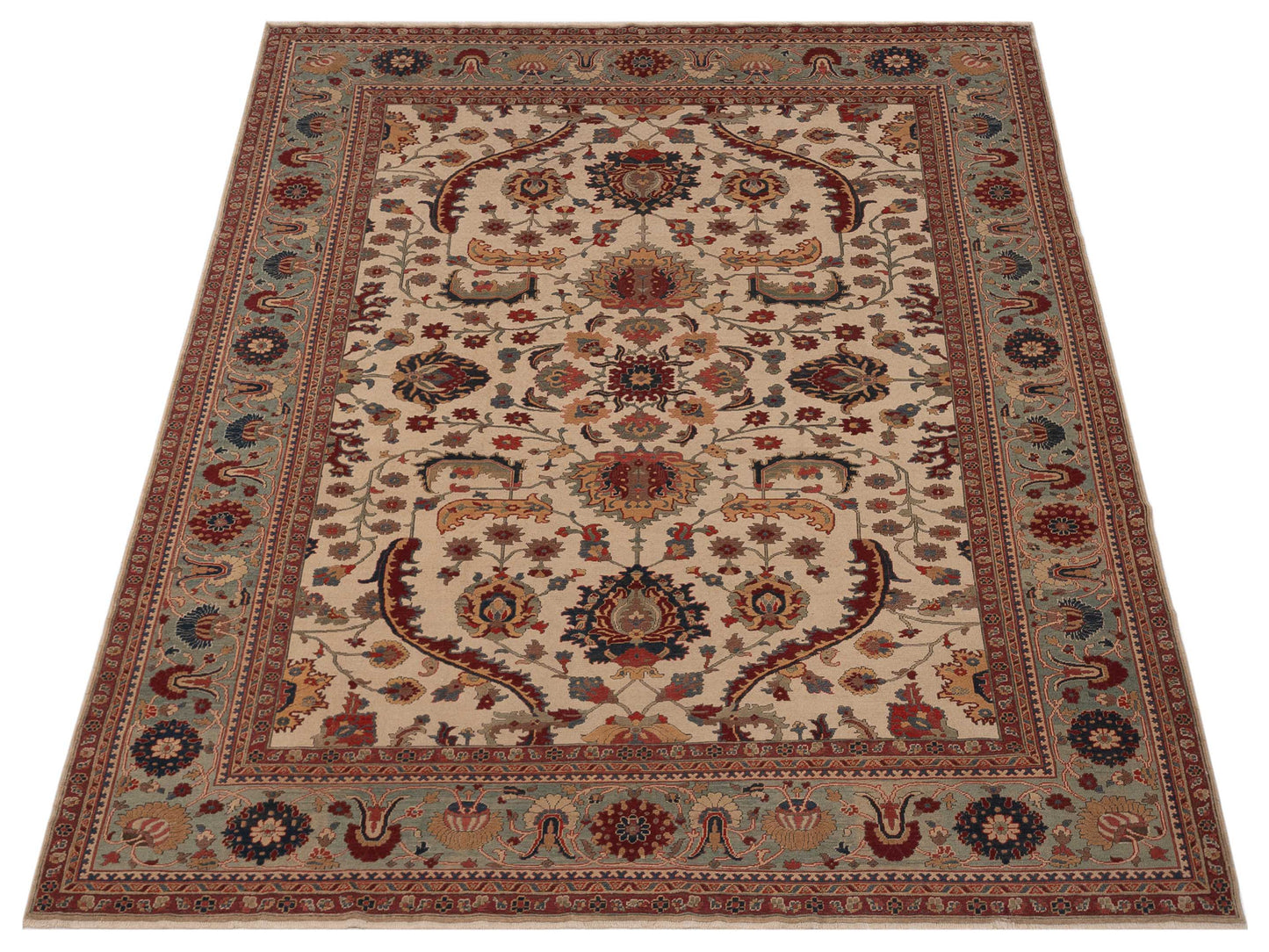 Antique Loom 147359 Ivory Green 9.11x12.3 Hand Knotted Rug