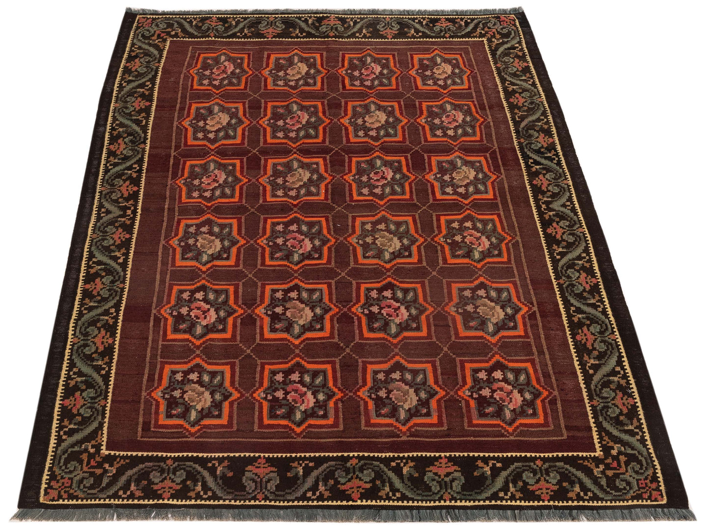 Old Basserabian Kilim 74997 Burgundy Black 4.11x6.11 Hand Woven Rug
