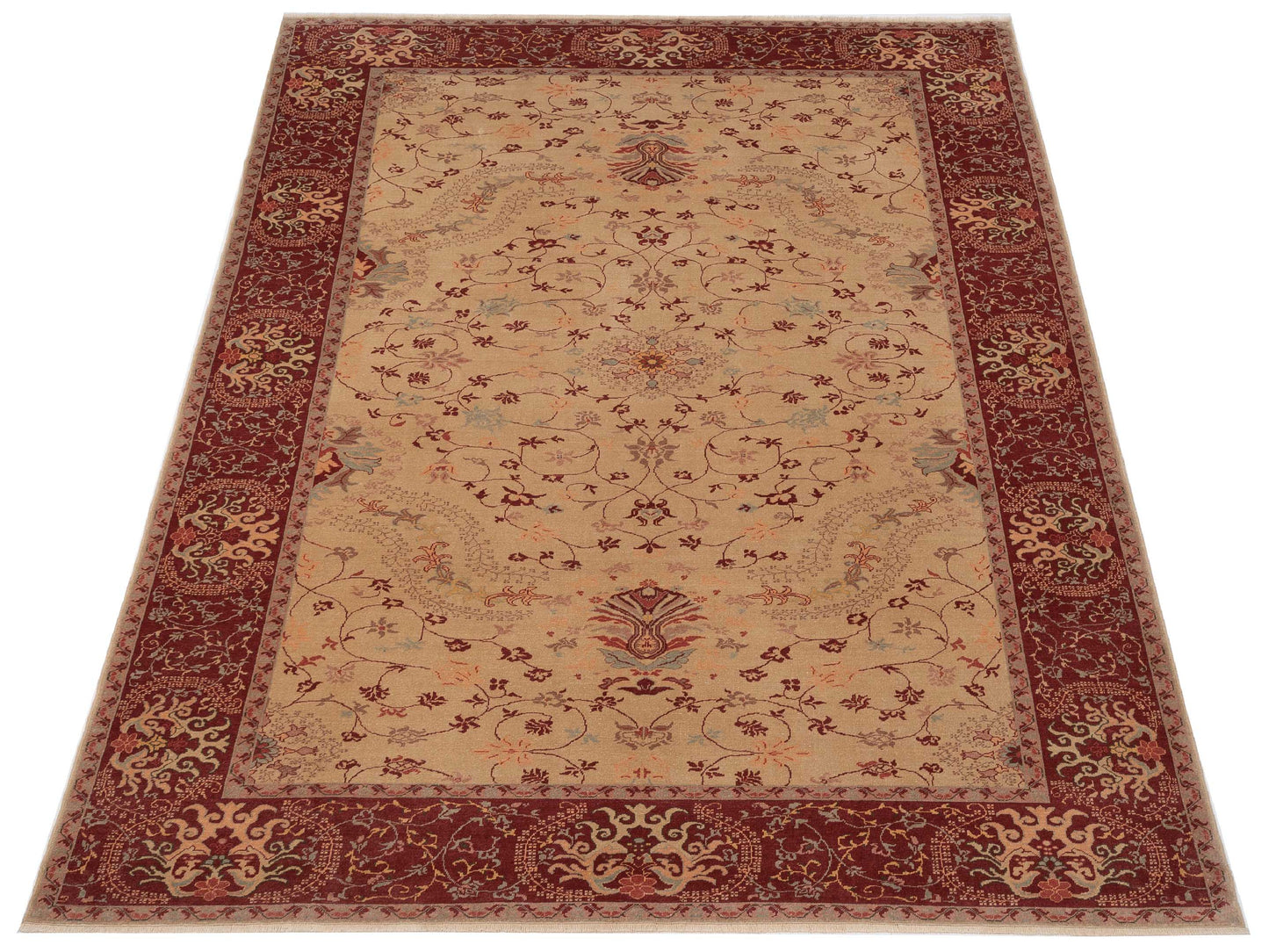 Antique Loom 108015 Cream Burgundy 9.4x12.6 Hand Knotted Rug