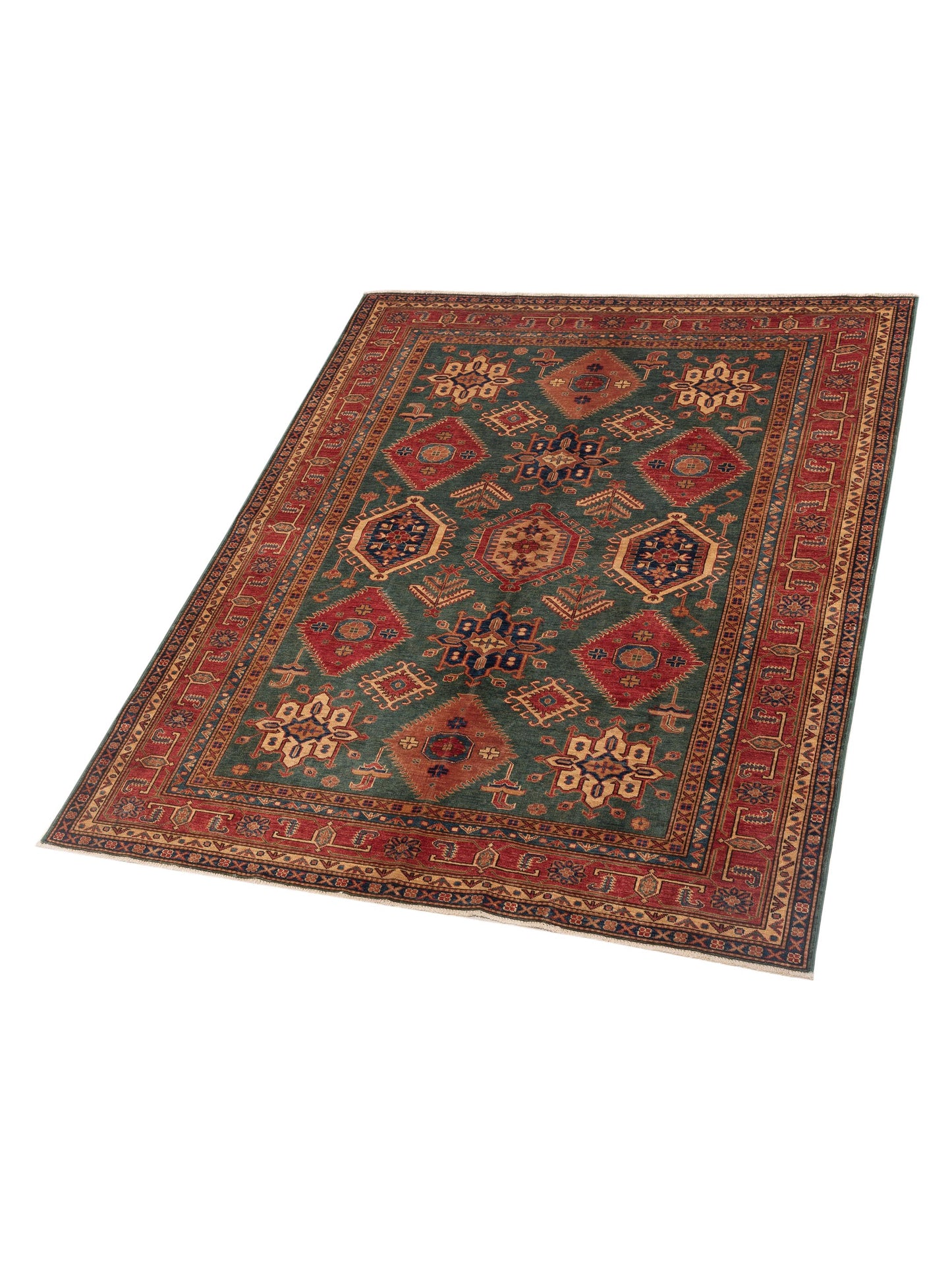 Artisan Kazak 124137 Green Red 6x7.7 Hand Knotted Rug