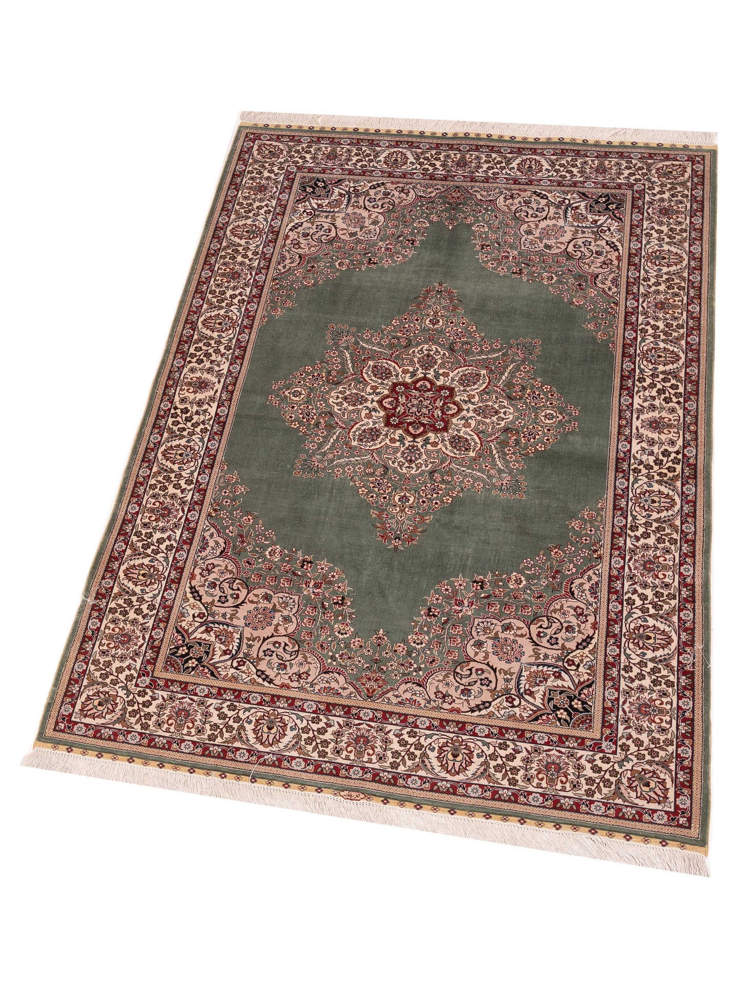 Pure Silk 122087 Green Ivory 3.1x5.1 Hand Knotted Rug