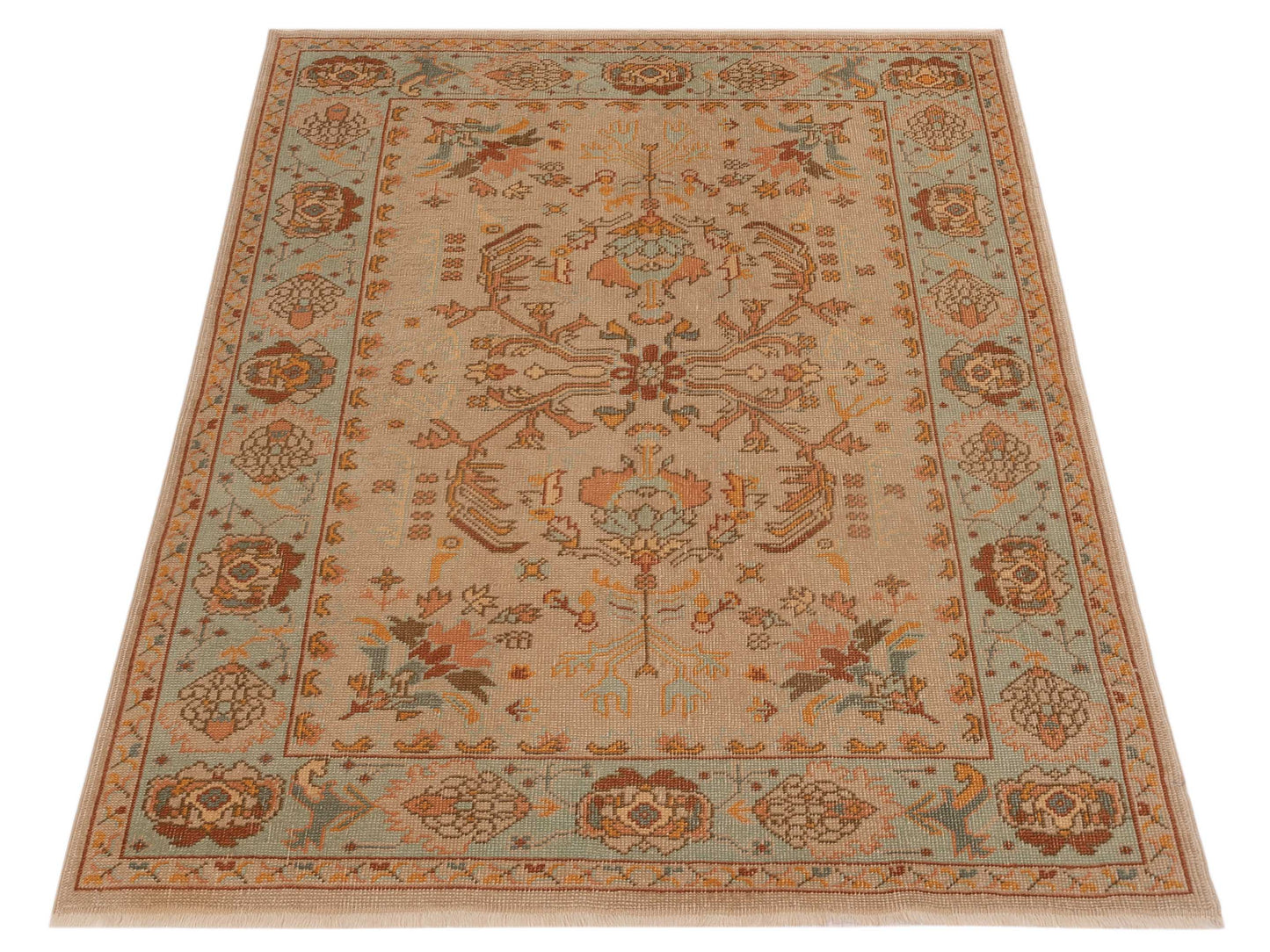 Anadol Oushak 145115 Cream Blue 5.3x6.4 Hand Knotted Rug