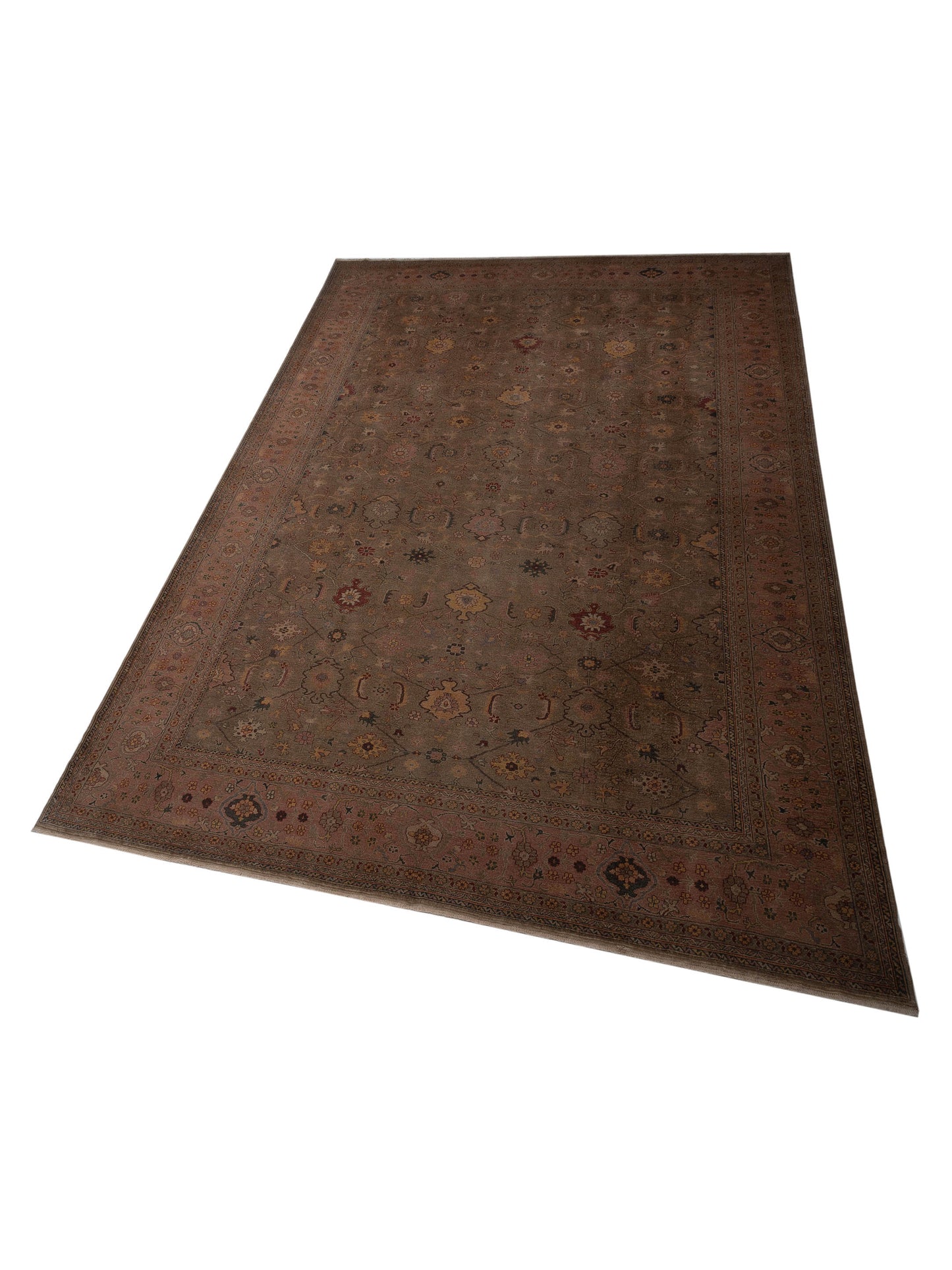 Turkish Elvan Maile Green Pink 12x17.4 Hand Knotted Rug