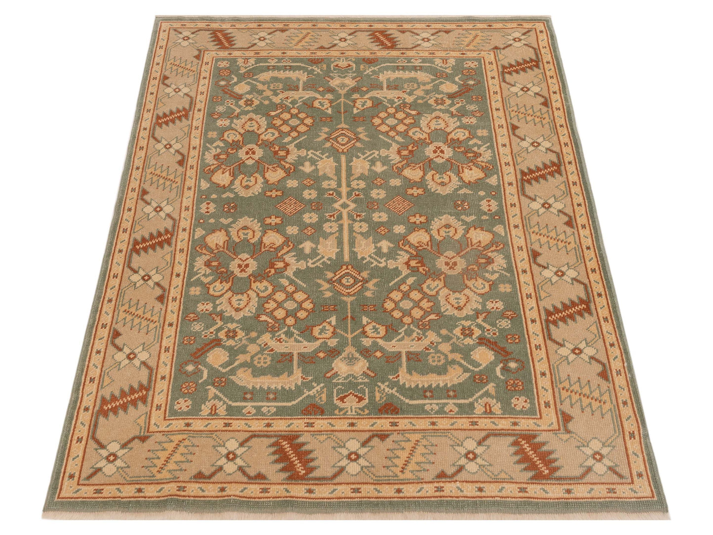 Anadol Oushak 145116 Green Ivory 5.3x6.8 Hand Knotted Rug