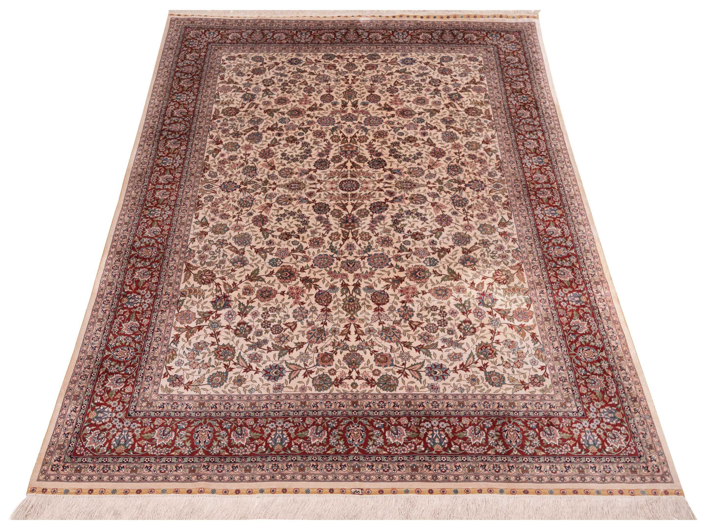 Pure Silk 109839 Ivory Red 5.7x8.1 Hand Knotted Rug