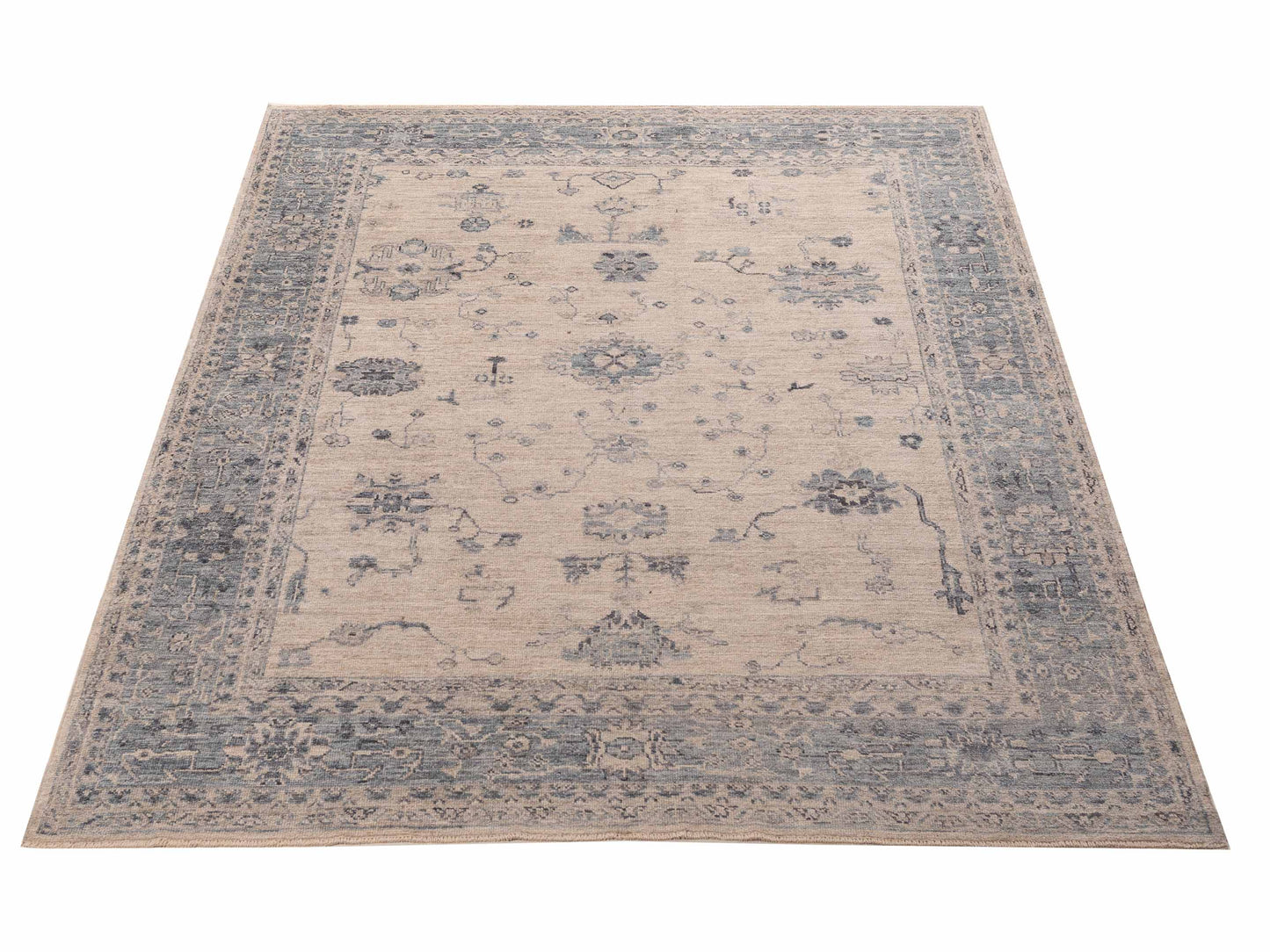 Angora Oushak 156154 Ivory Blue 8.1x10.1 Hand Knotted Rug