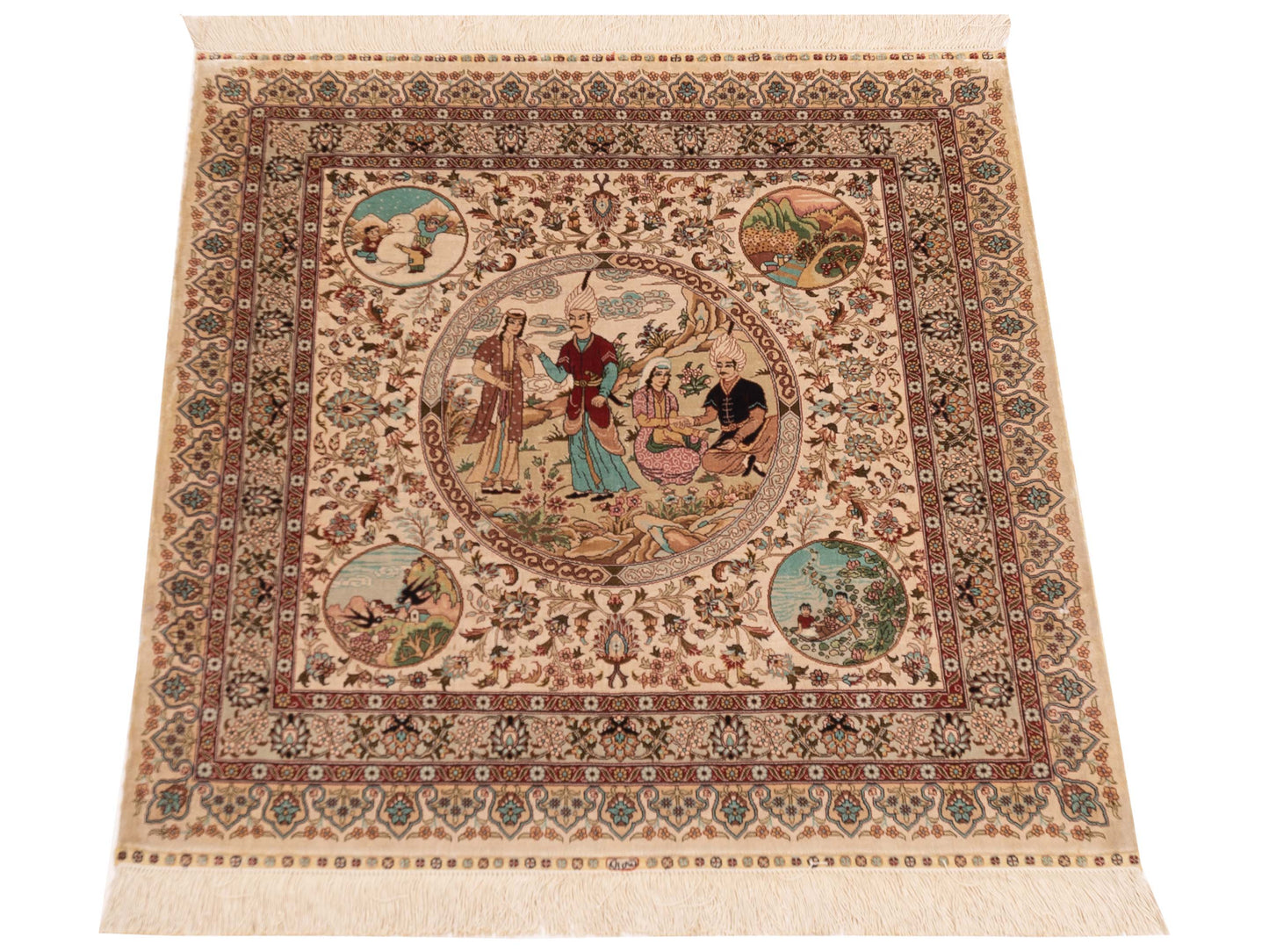 Pure Silk 125288 Ivory Beige 3.1x3.1 Hand Knotted Rug