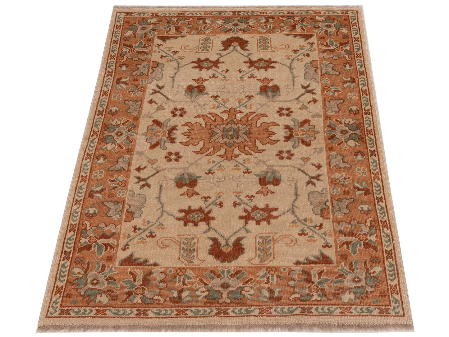 Anadol Oushak 129729 Ivory Pink 4.1x5.6 Hand Knotted Rug