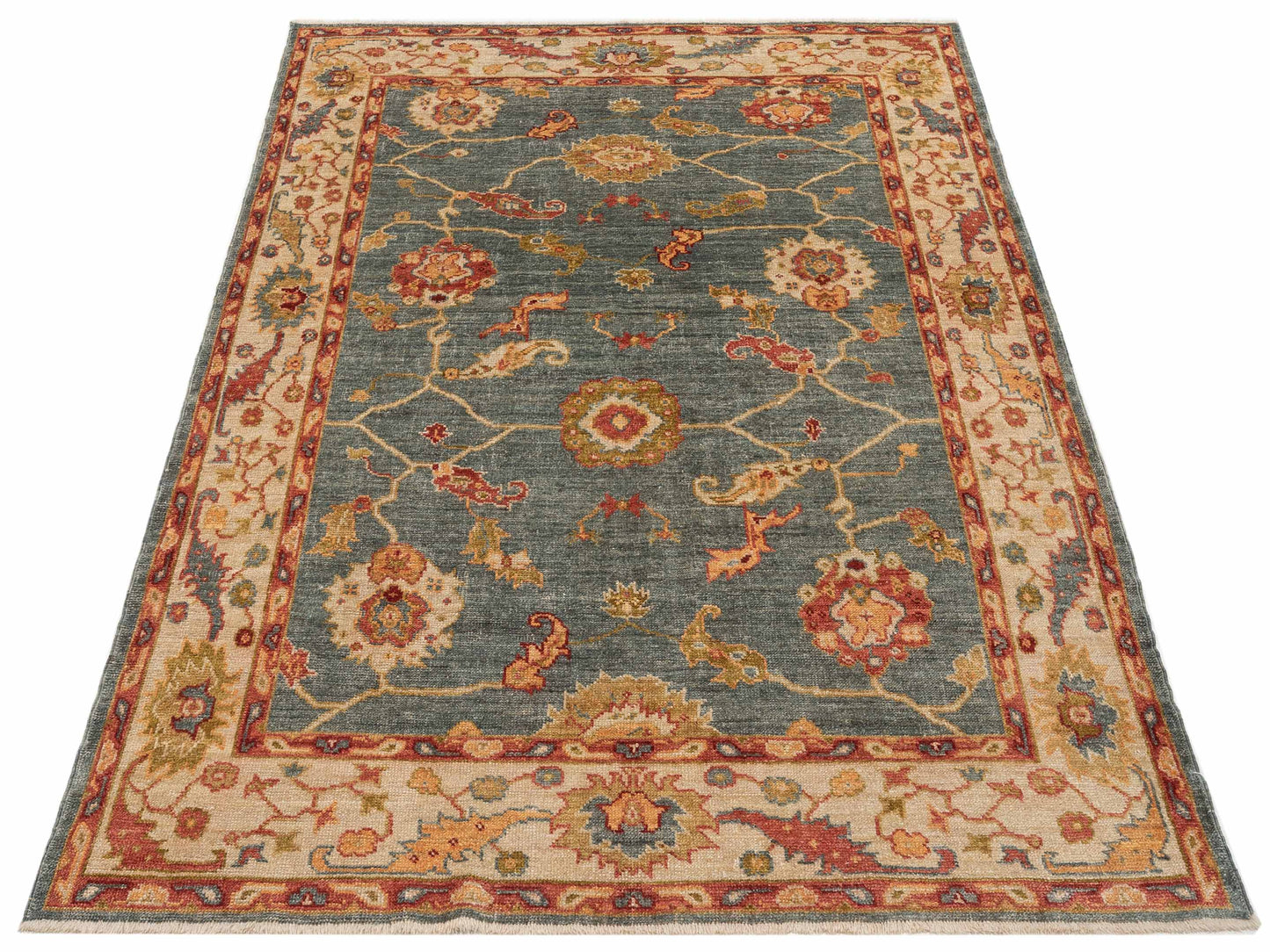 Angora Oushak 129168 Teal Blue Ivory 6.5x8.11 Hand Knotted Rug