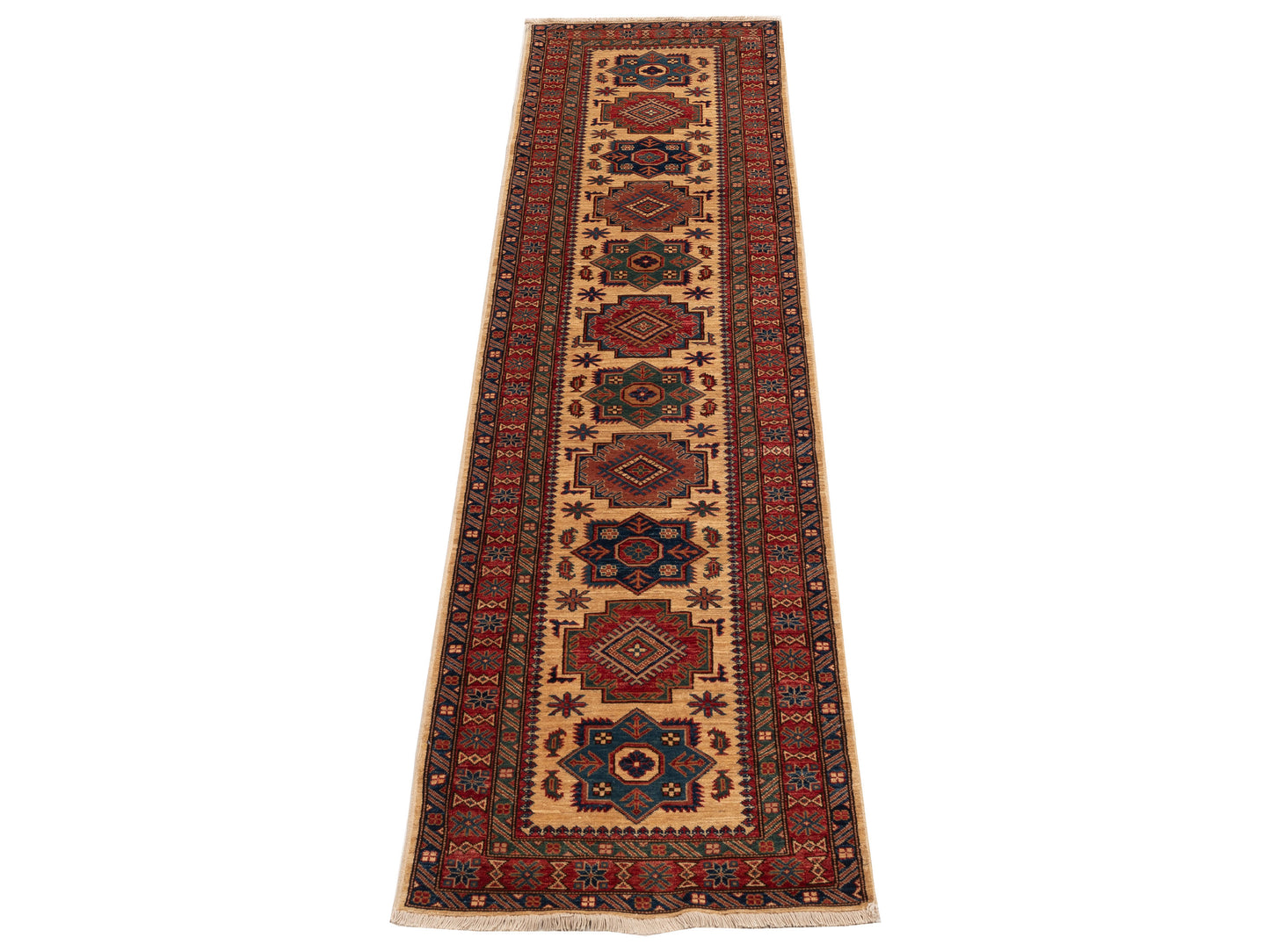 Kazak 126395 Beige Red 2.9x10.4 Hand Knotted Rug