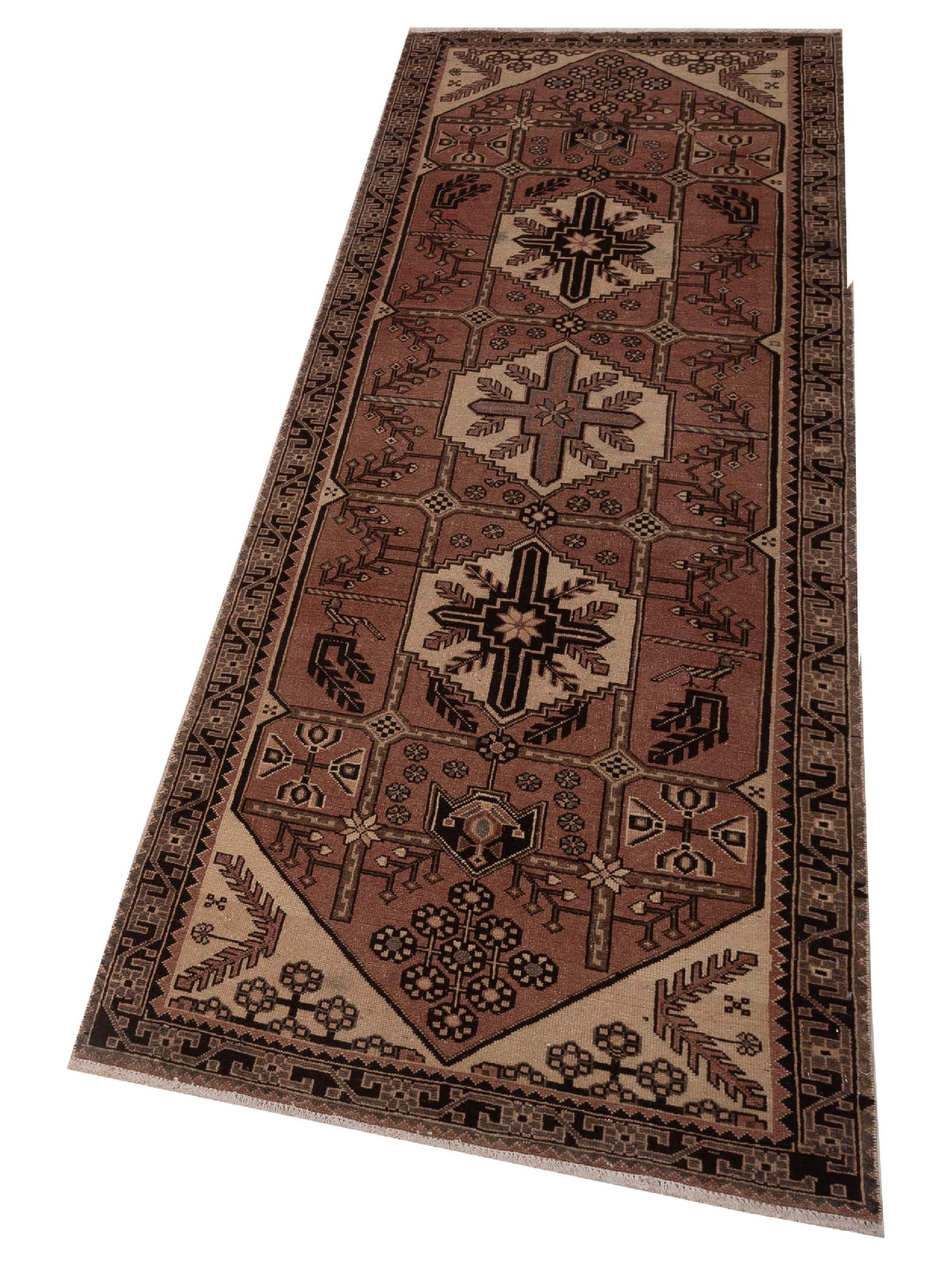 Persian 147666 Pink Brown 3.5x9.6 Hand Knotted Rug
