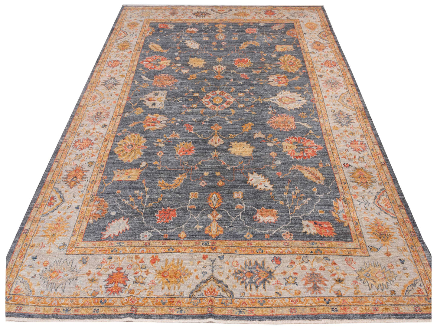 Angora Oushak 148170 Teal Blue Ivory 10.3x13.1 Hand Knotted Rug