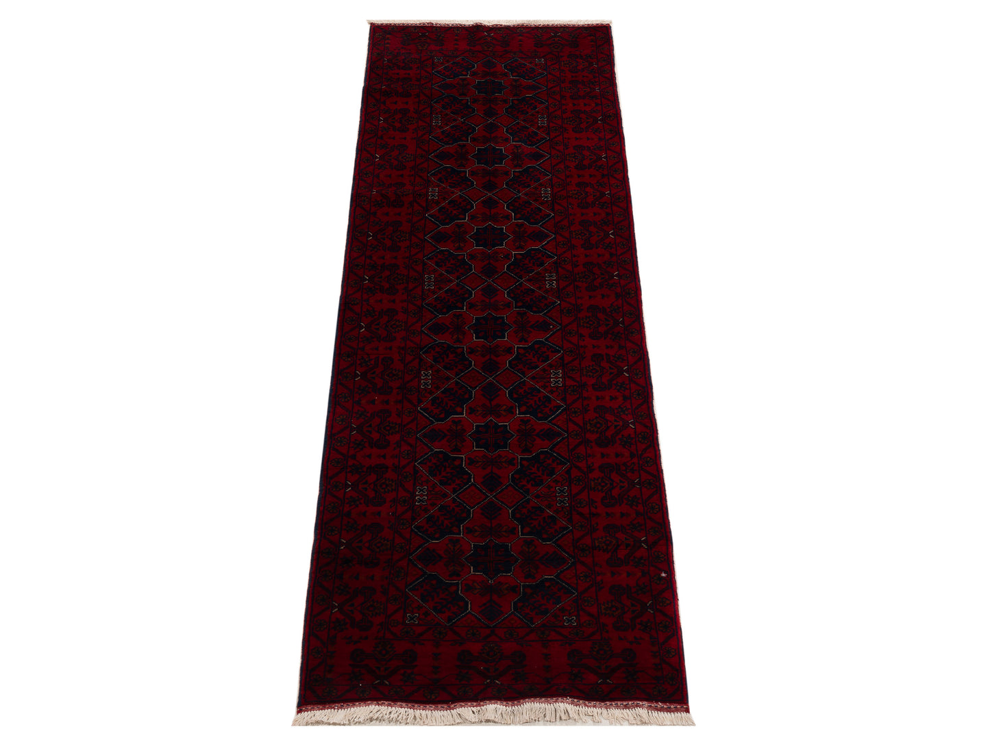 Afghan Belcik 152059 Navy Red 2.5x8.8 Hand Knotted Rug
