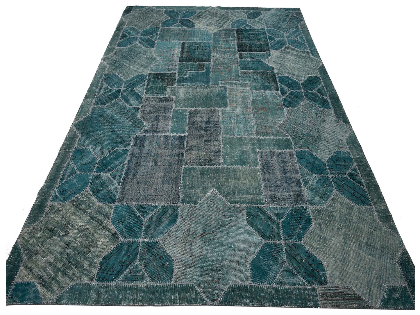 Turkish Vestige Patchwork 108894 Green 10.9x14.9 Hand Knotted Rug