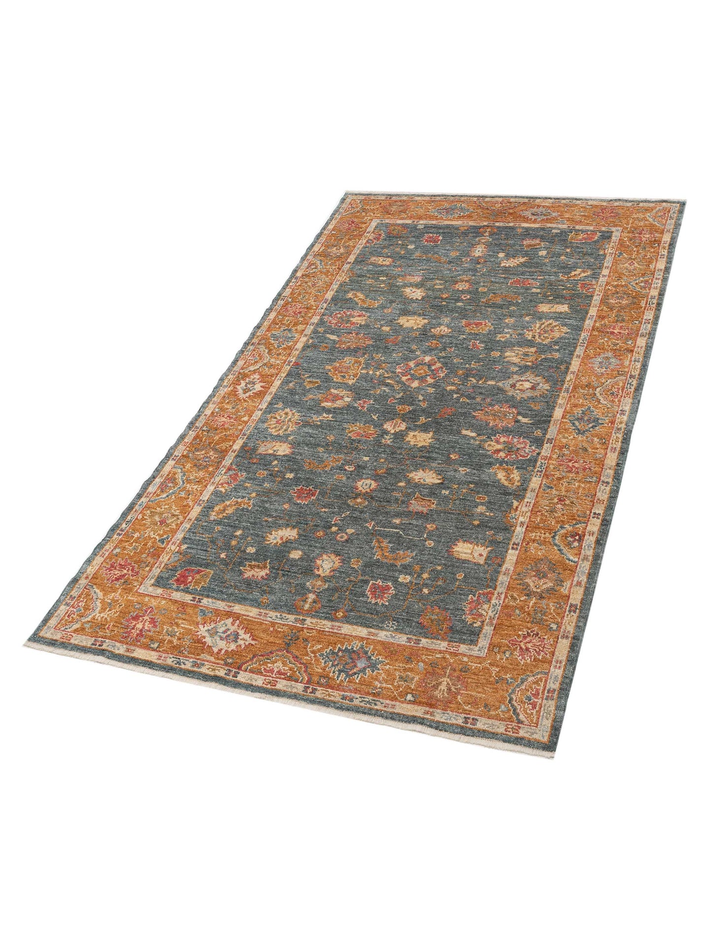Angora Oushak 144540 Teal Blue Orange 6.4x11 Hand Knotted Rug